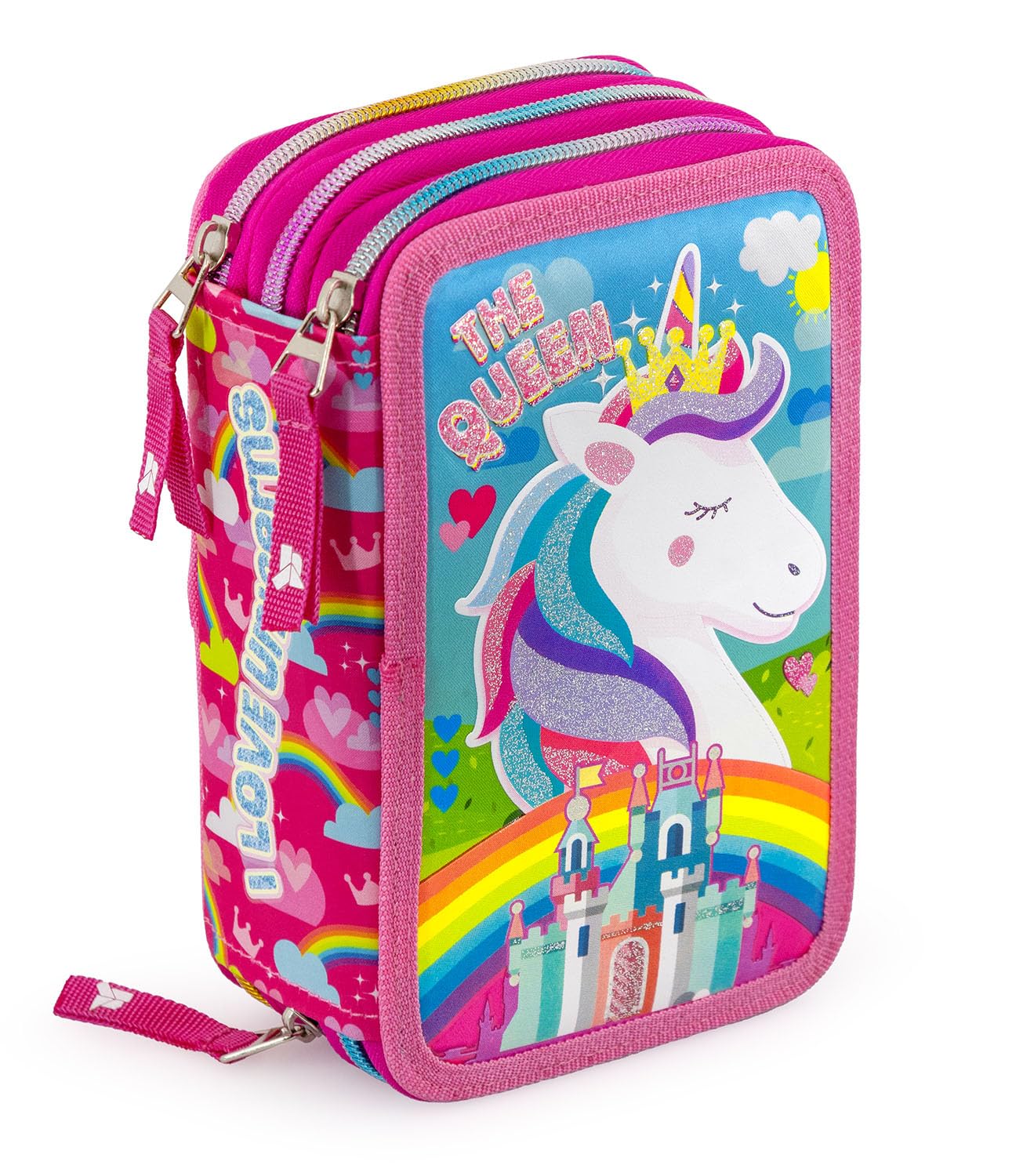 Julian Ross Unicornio The Queen Estuche Triple Lleno Niña, 45 Accesorios Escuela Primaria, 20 Centímetros, Pegamento en Barra, 3 Cierres, Compartimentos Organizados