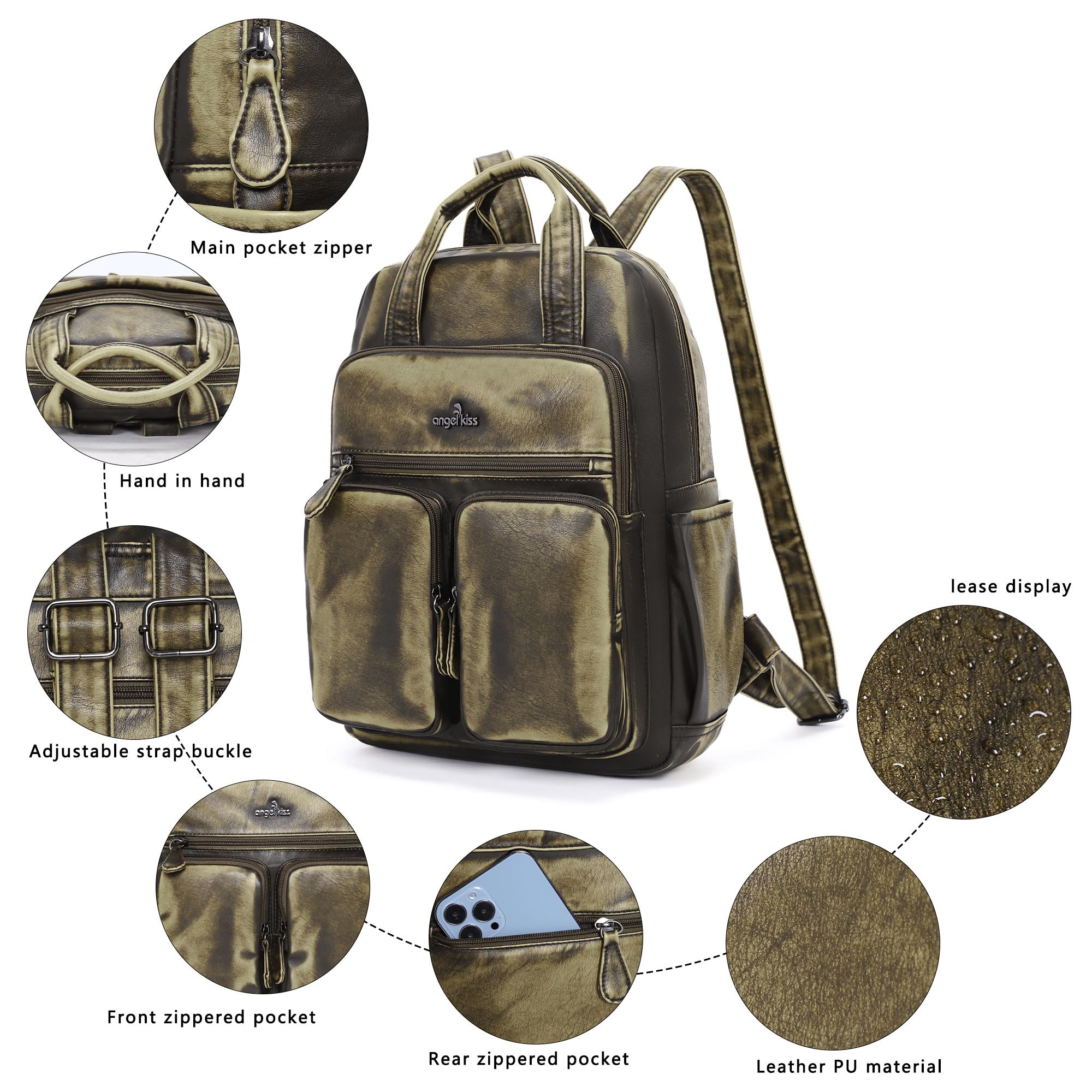 Angel Kiss Rucksack für Damen, weiches gewaschenes Leder, mehrere Taschen, lässiger Reiserucksack