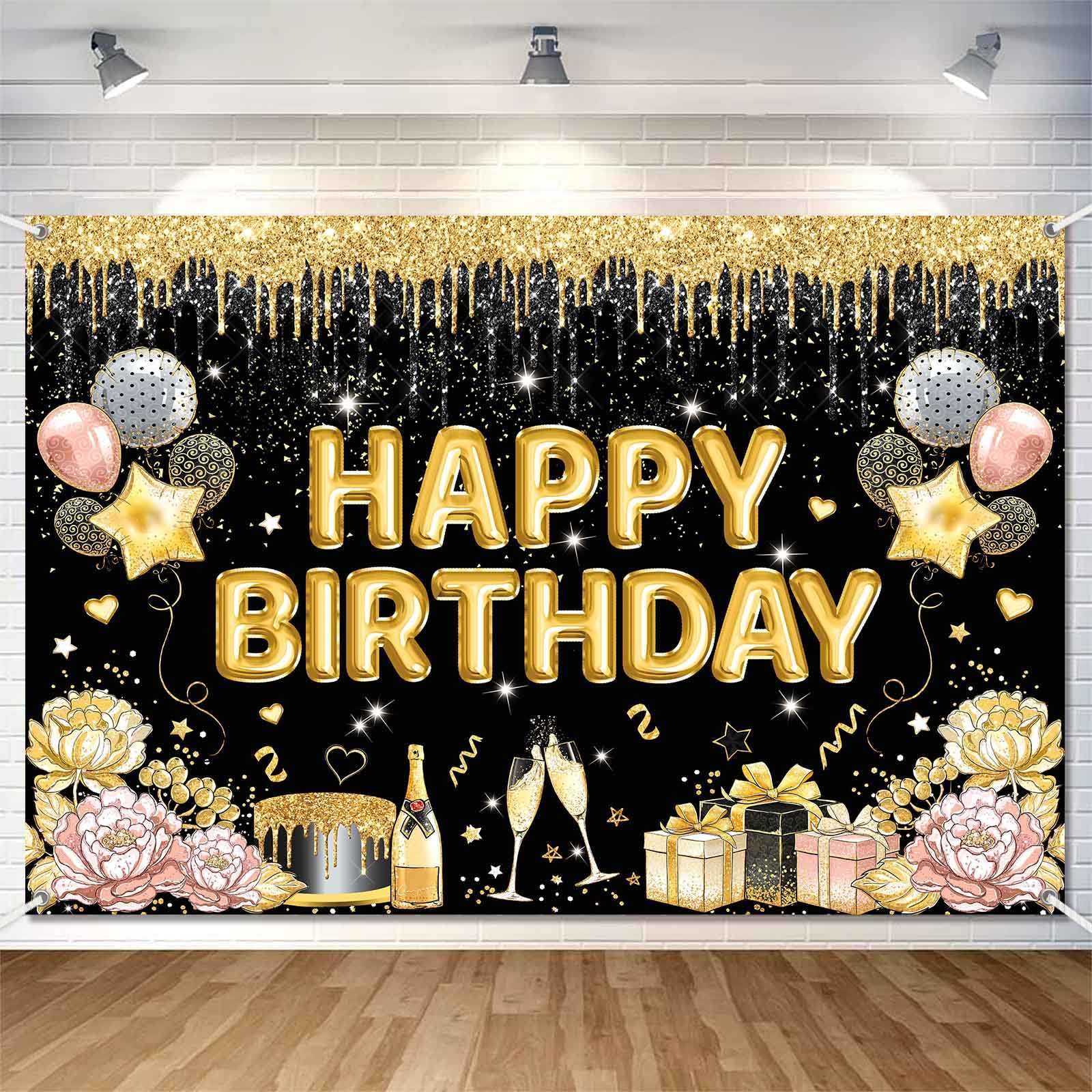 LDWLYW Black Gold Happy Birthday Banner Backdrop Black Golden Birthday Party Decorations Supplies for Women Large Balloons Sign Photography Background