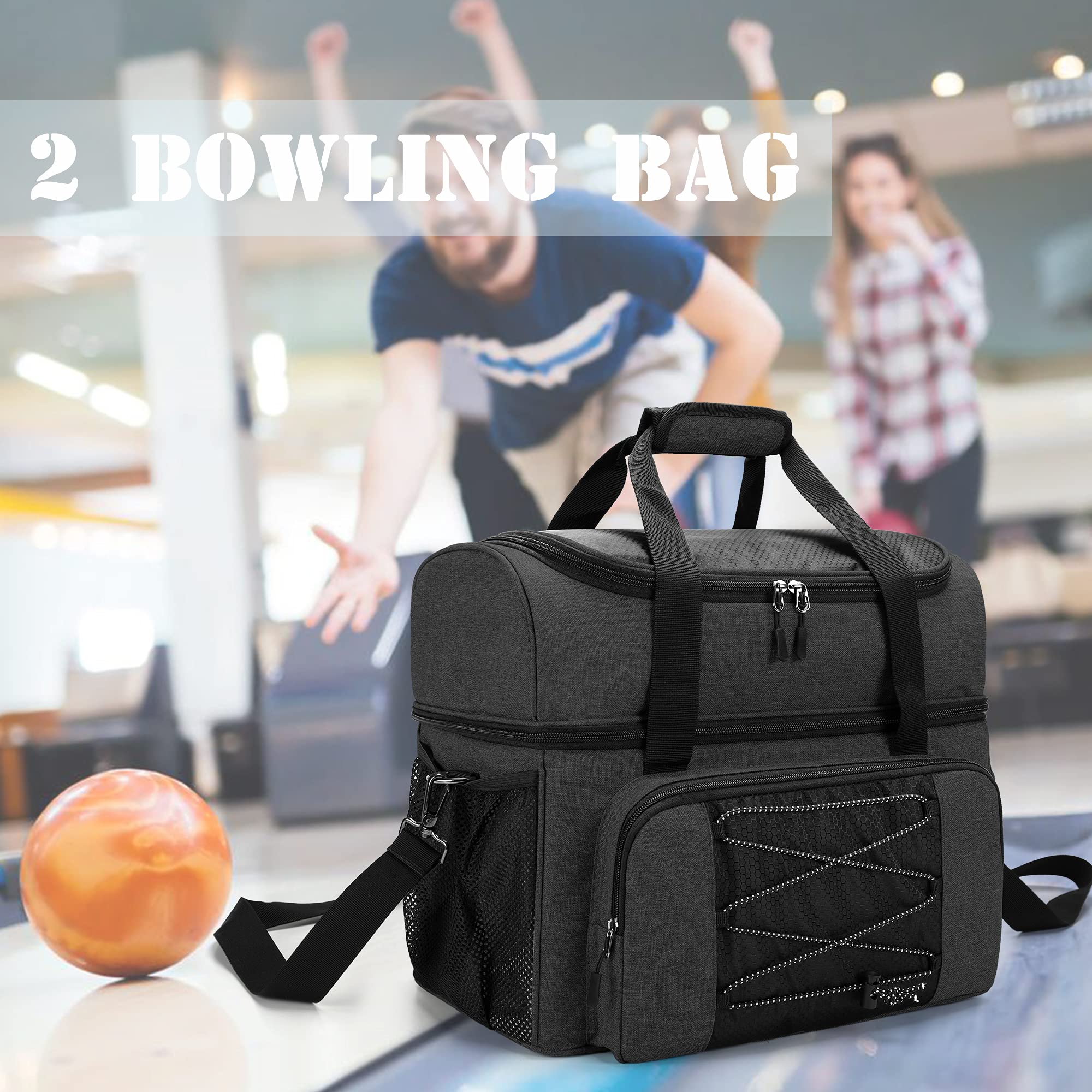 DSLEAF Bolsa de Bolos de 2 Bolas con Copas de Bolos de Madera, Divisor Acolchado y un par de Zapatos de Bolos para Hombres de 57 años y Elementos Esenciales adicionales, Solo Bolsa(diseño Patentado)