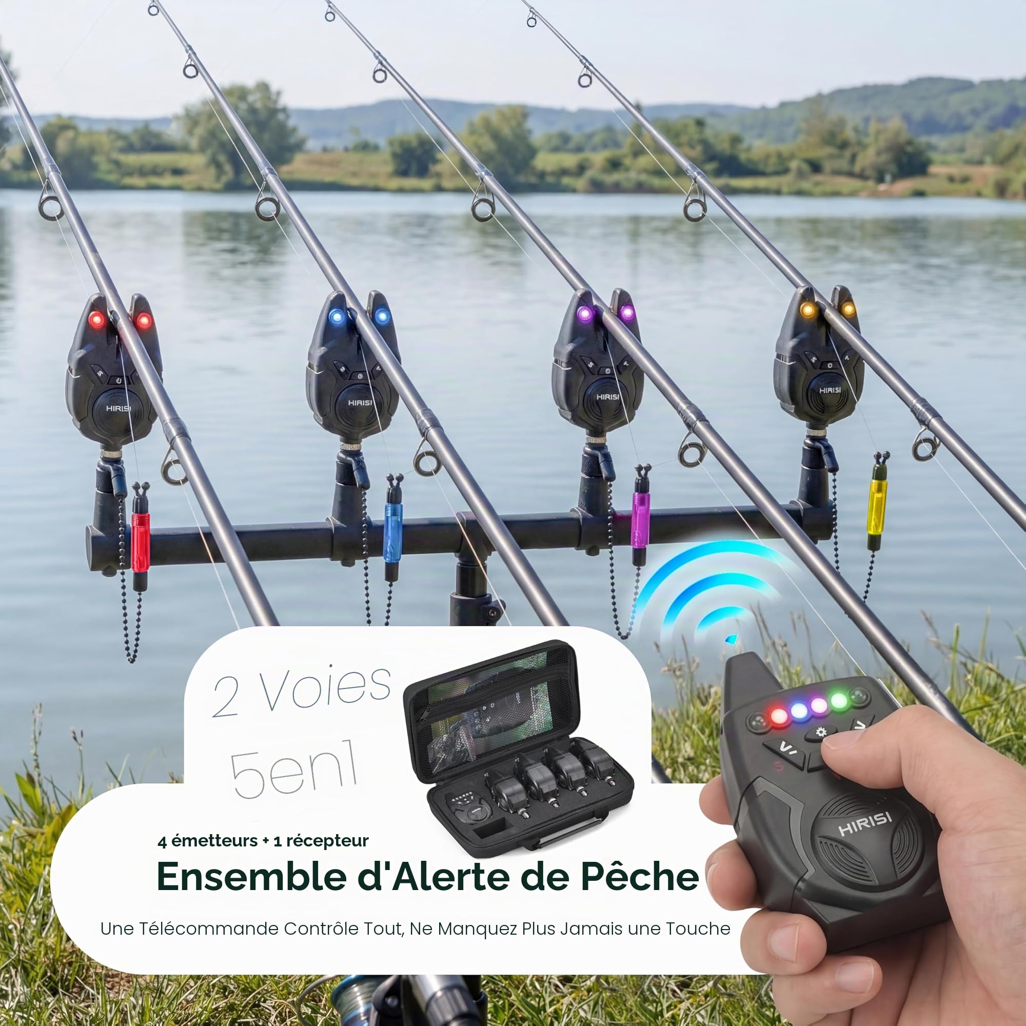 Hirisi Tackle Lot d'alarme de pêche à la carpe avec détecteur de touche sans fil 1 + 4