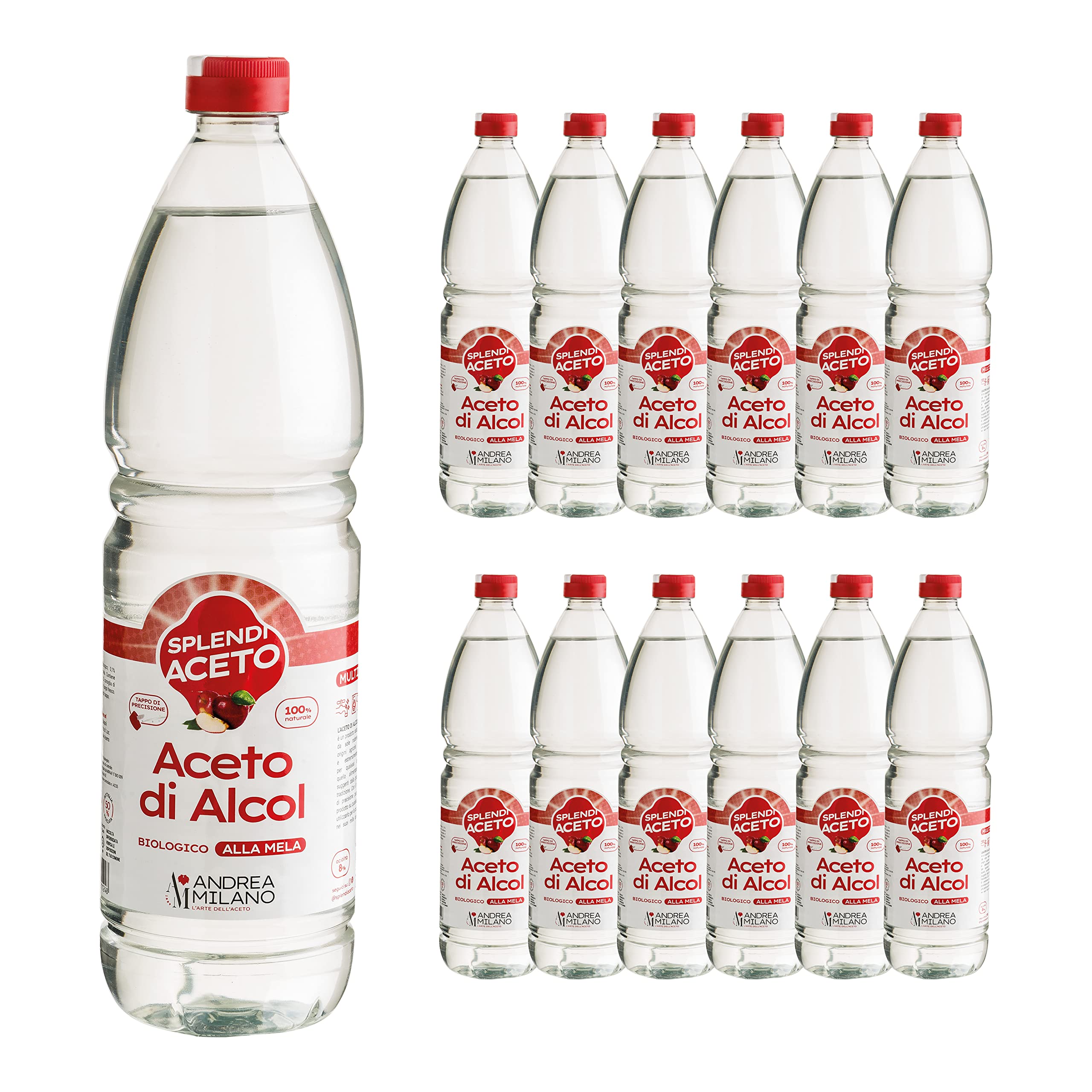 Andrea Milano, Splendi Aceto, Aceto di Alcool 100% Naturale Aromatizzato alla Mela, Acidità 8%, per Qualsiasi Impiego, Multiuso, Ideale per la Pulizia della la Casa, 12 Bottiglie PET da 1 L