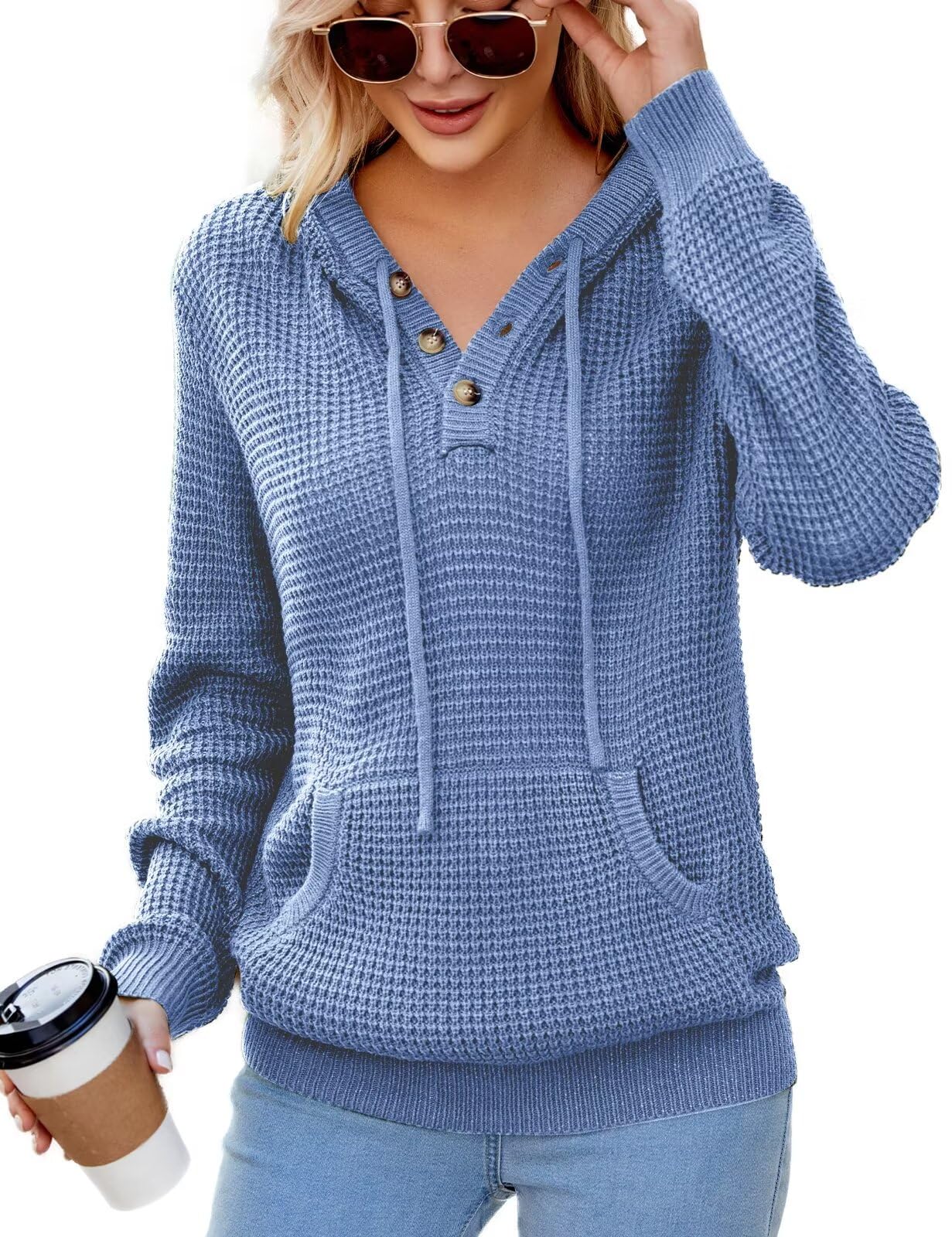 CiCiBird Women's Fall Hoodies Sweater V Neck Waffle Knit Top with Pocket