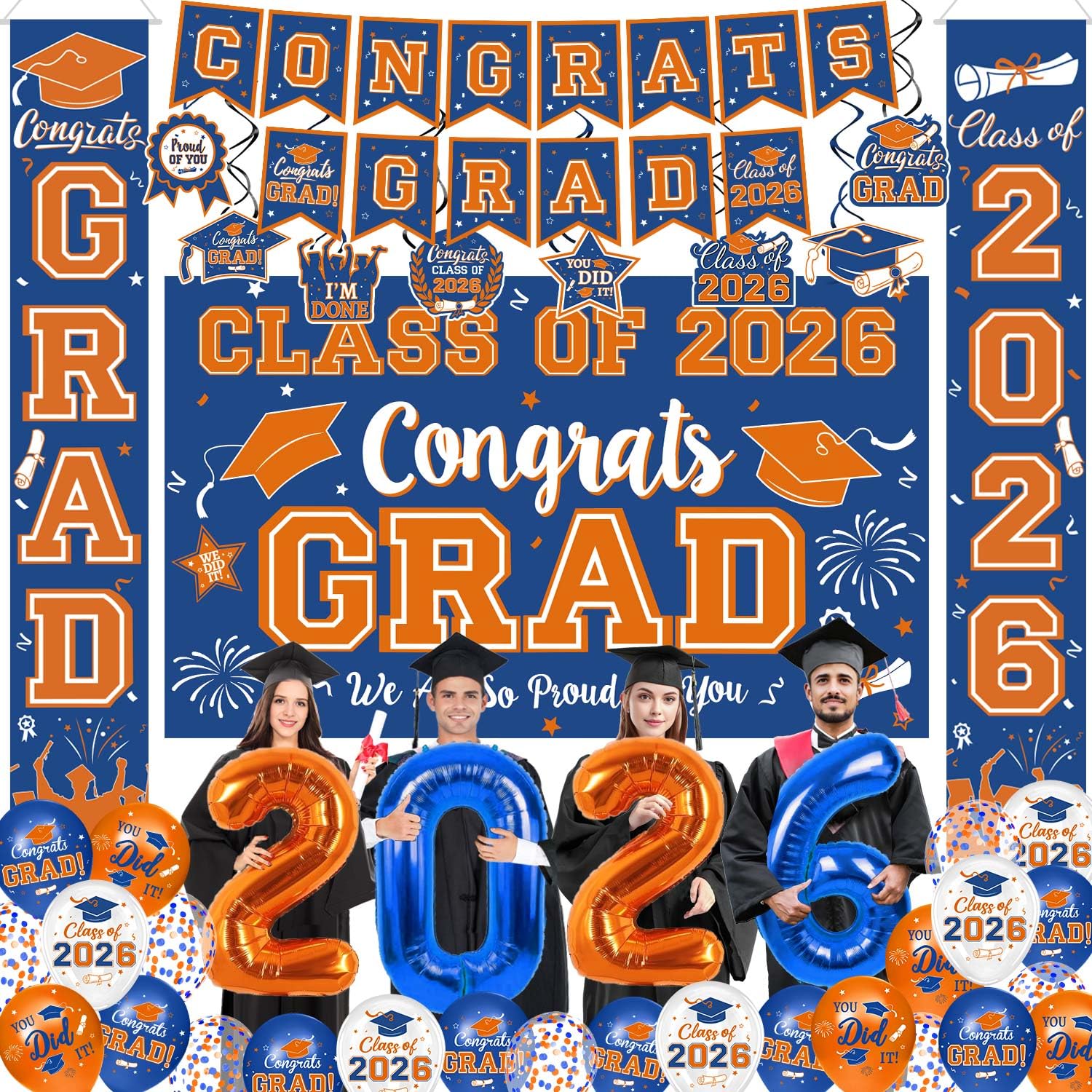 Photo 1 of Graduation Blue and Orange Decorations 2026 Include Grad Backdrop, Banner, Hanging Swirls, Porch Sign, Balloons for Congrats Grad Party Decorations