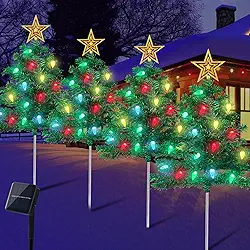Kucicezu Decorações De Natal Para Áreas Externas: 4 Conjuntos Árvores Solares Com 80 Luzes Led Multicoloridas E Enfeite Estrela, 8 Modos Iluminação, Caminho À Prova D'Água Jardim Externo, Quintal, V