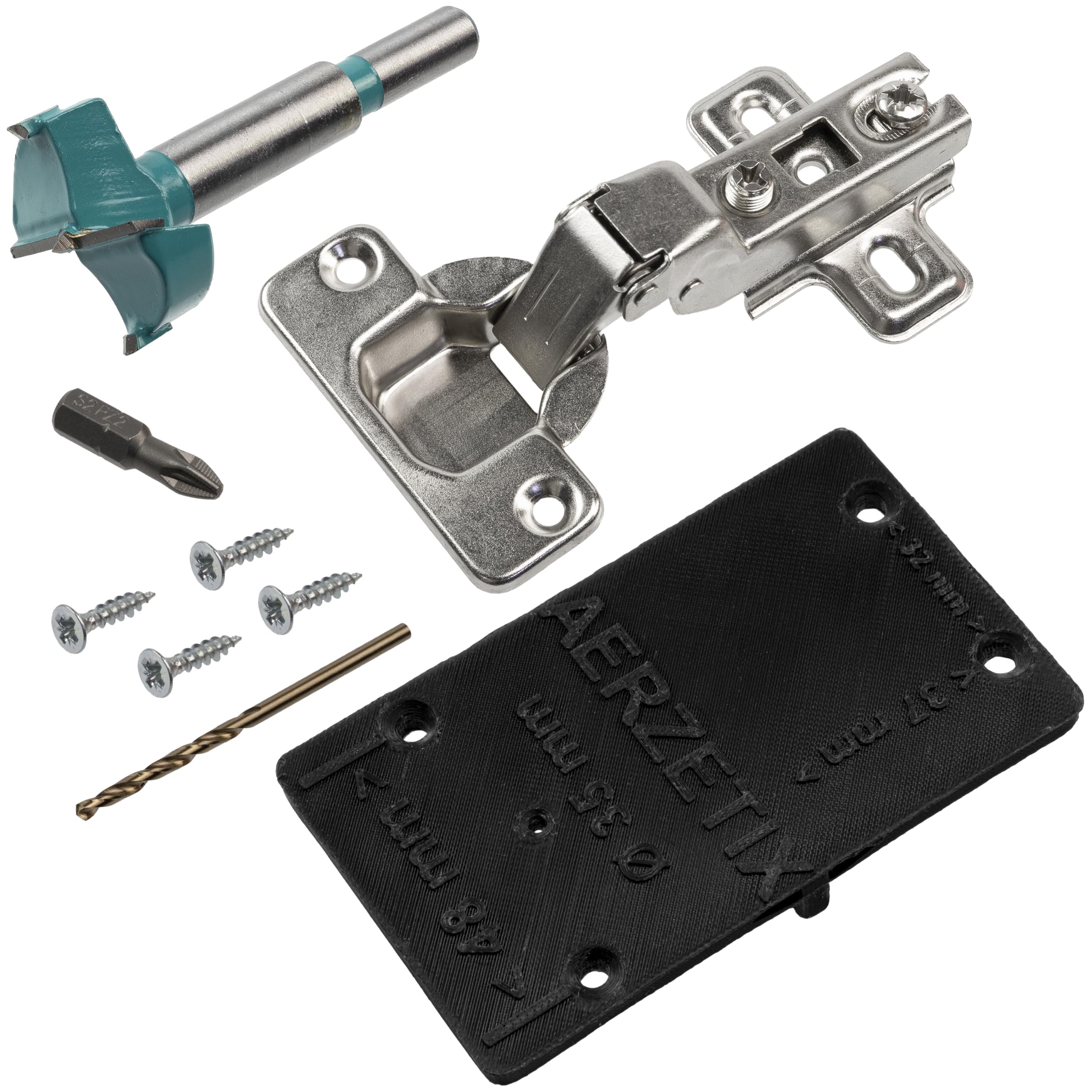 AERZETIX - Kit de 12 charnières invisibles à demi-recouvrement 110° avec gabarit de perçage Ø35 mm + foret à bois Ø35 mm + mèche à bois Ø 2.5 mm + 50 vis Ø3.5x16 et embout 1/4 PZ2