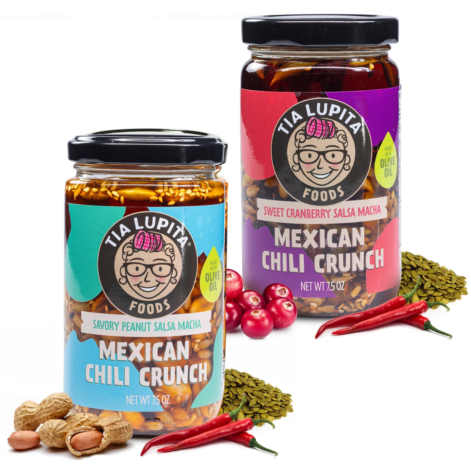 Tia Lupita Mexican Chili Crunch – Salsa Macha, Crunchy Morita Chili Oil | Gluten-Free, Non-GMO, Vegan | Cranberry & Peanut Variety (2 Pack)