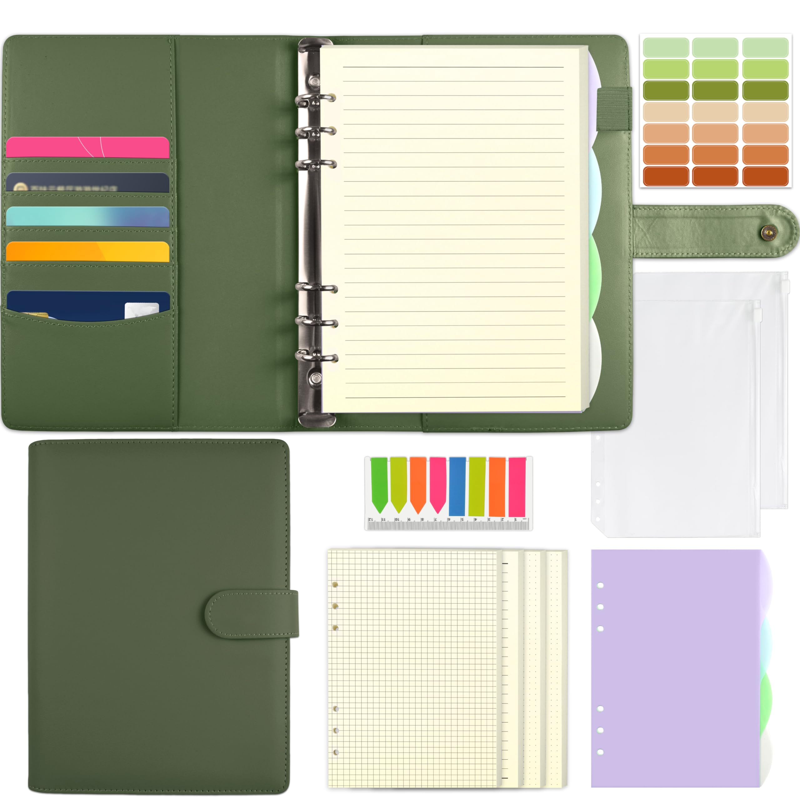 Mlife A5 Refillable Ring Binder, with 180 Sheets Refill Paper,A5 Notebook with Binder Pockets and Dividers,for Men and Women-Green