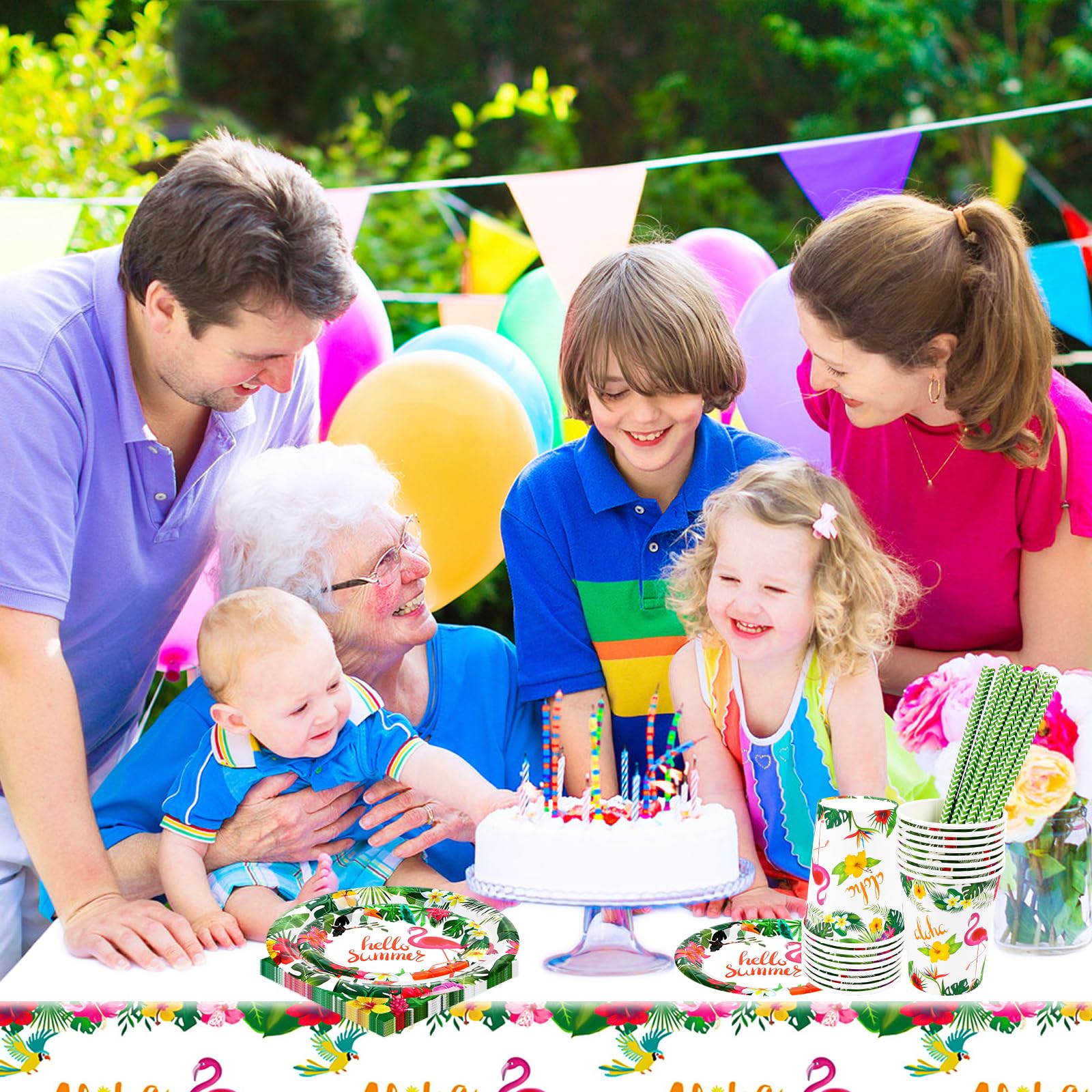 Flamingo, set di stoviglie per feste, decorazione per compleanno, per bambini, con fenicottero, ananas, per vacanze, estate, ragazzi, ragazze, feste, 16 ospiti