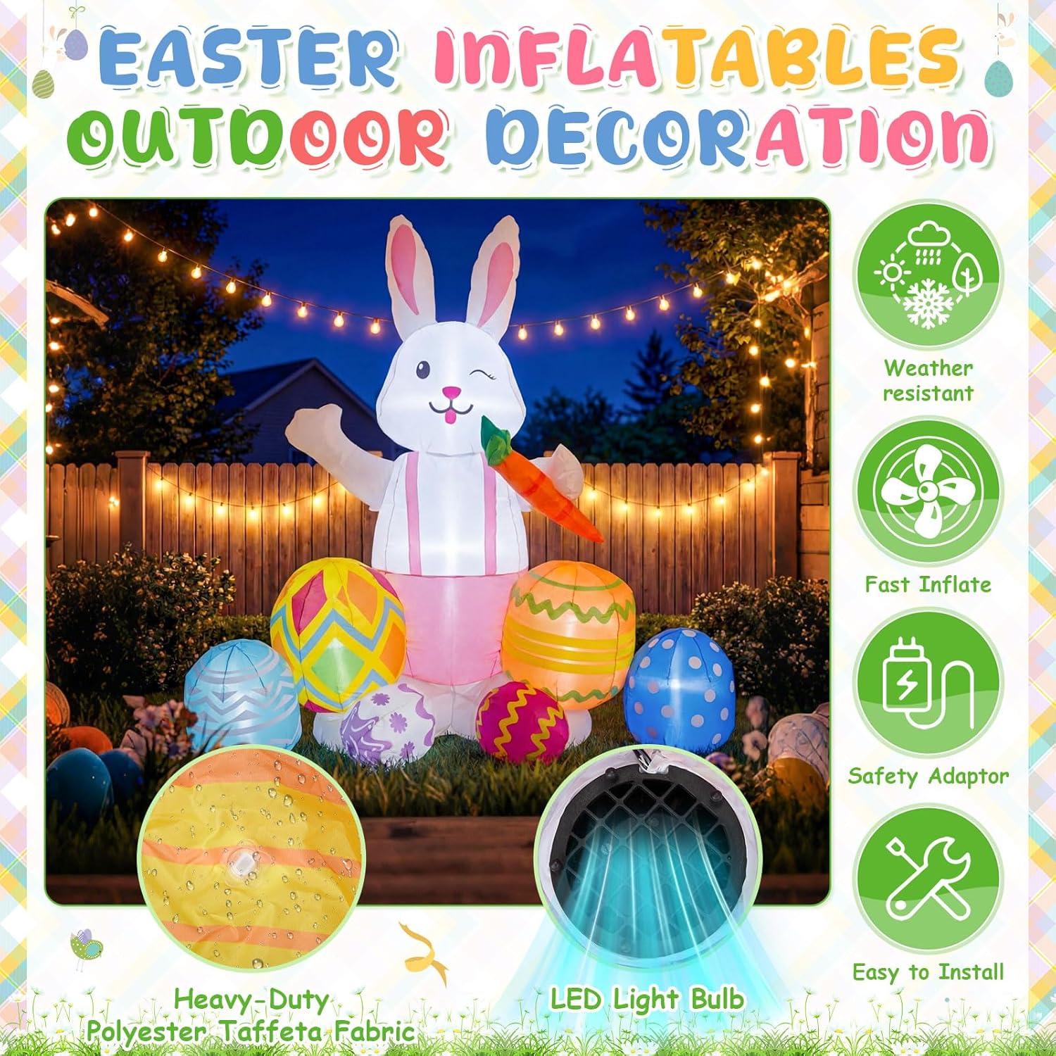 Easter Inflatable Bunny Outdoor Decoration, Bunny with Carrot and Eggs Blow up Outdoor Decor 4ft Long with LED Lights for Garden, Lawn, Yard Easter Party Decor