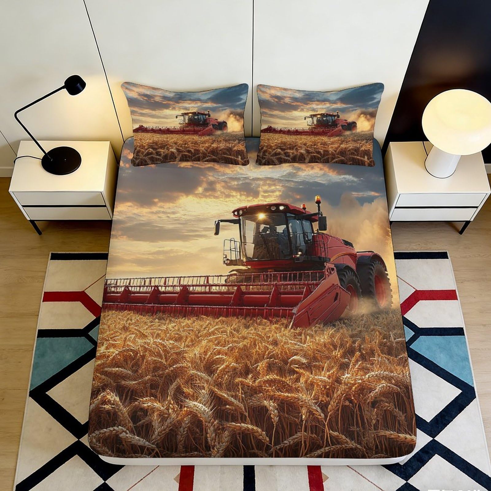 3D Printed Wheat Field Fitted Sheet Microfiber Harvest Scene Bed Cover for Bedroom Dorm Mattress Protection Decor 90x200x25cm