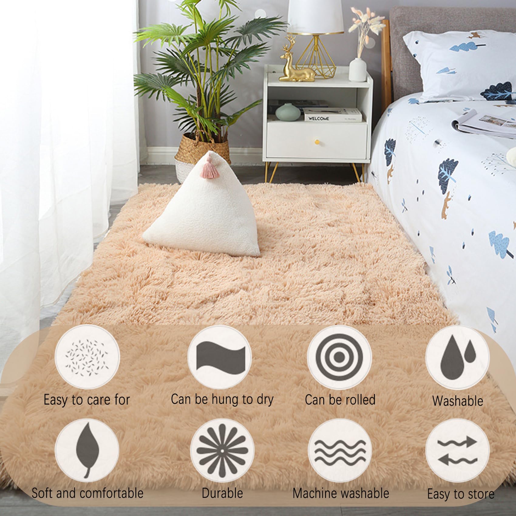 Flauschiger Teppich 55 x 280 cm, Flauschiger Große Größe, rutschfest Langlebig, Faltbar, Zotteligeweicher, Moderner Teppich Fellteppich, Beige