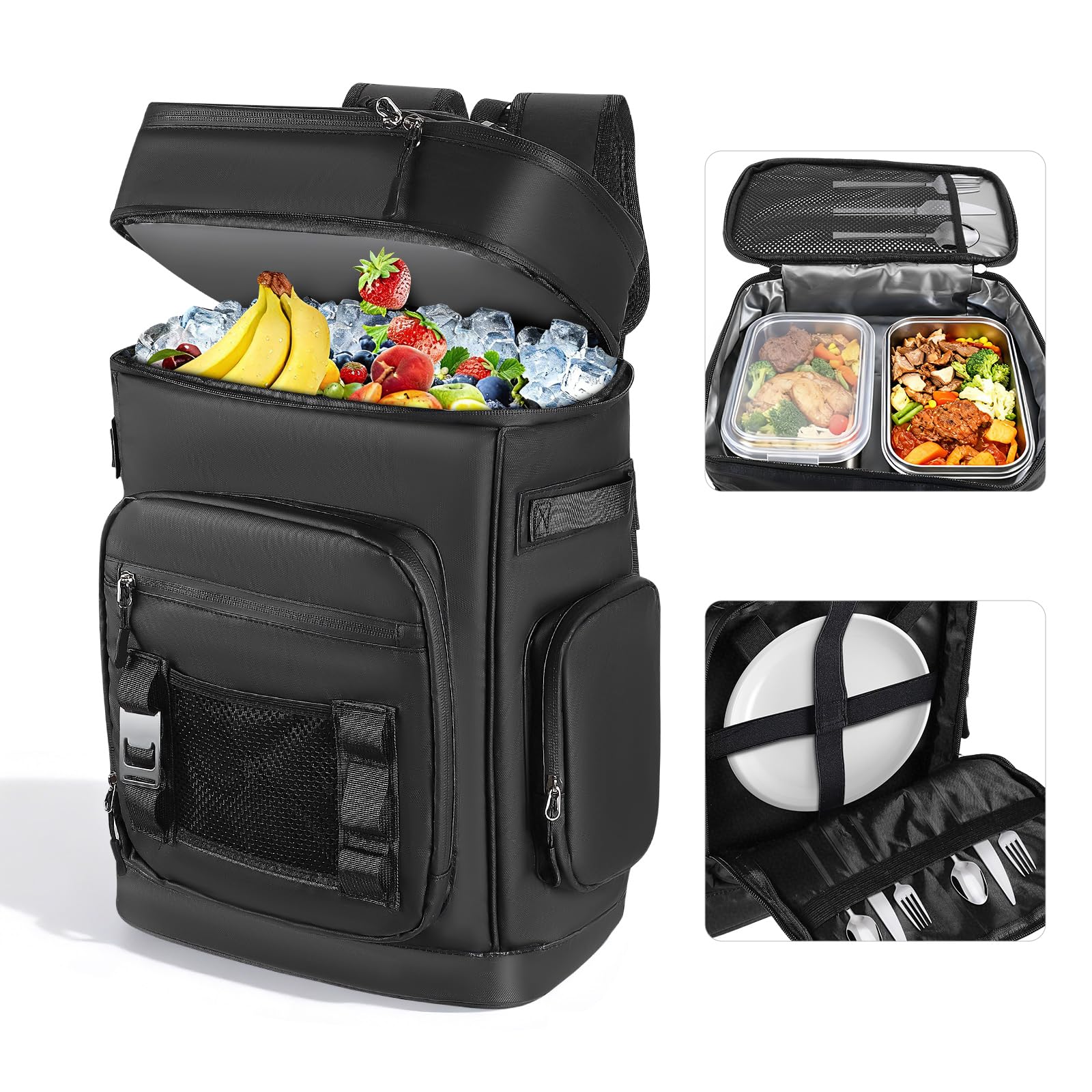 Grande zaino termico impermeabile, capacità 48 lattine, zaino da campeggio isolato con cinghie portatili, borsa termica a prova di perdite, per spiaggia, picnic, escursionismo, 30 l, nero