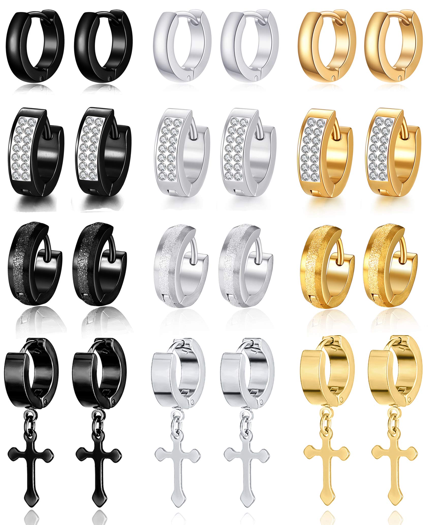 12 Pairs Stainless Steel Small Hoop Earrings Set Huggie Earrings CZ Inlaid Dangle Hinged Earrings Stud Earrings for Mens Women Silver Black Gold Color