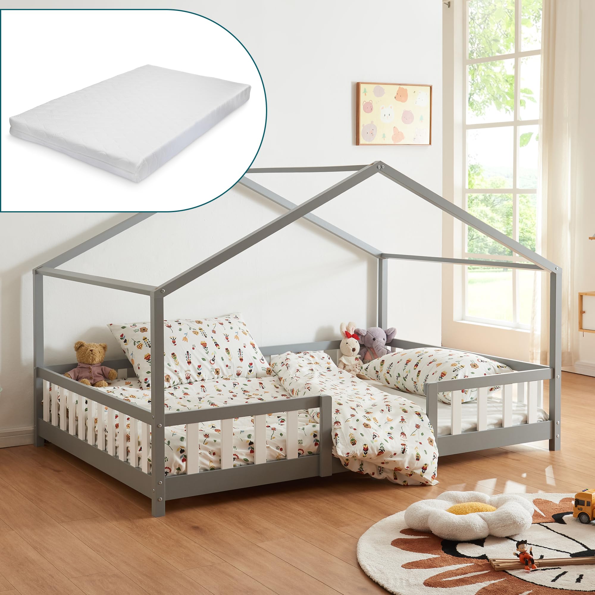 [en.casa] Letto per Cameretta Montessori Letto a Forma di Casetta con Barriera di Protezione per Bambini Struttura in Legno di Pino Materasso a Schiuma Fredda 120x200 cm Grigio Chiaro/Bianco