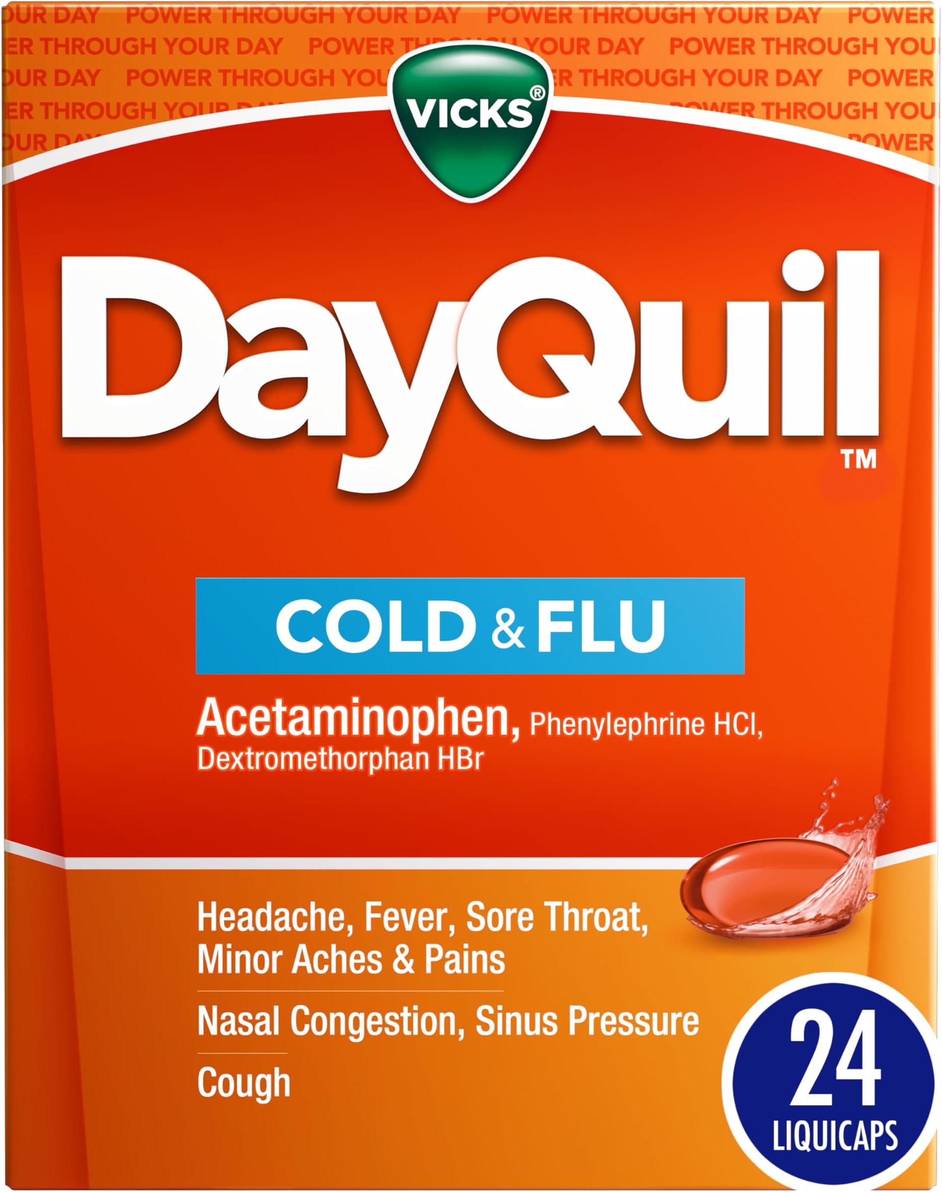 Vicks DayQuil Cold & Flu Medicine, Non-Drowsy Powerful Multi-Symptom Daytime Relief for Headache, Fever, Sore Throat, Minor Aches and Pains, Nasal Congestion, Sinus Pressure and Cough, 24 Liquicaps