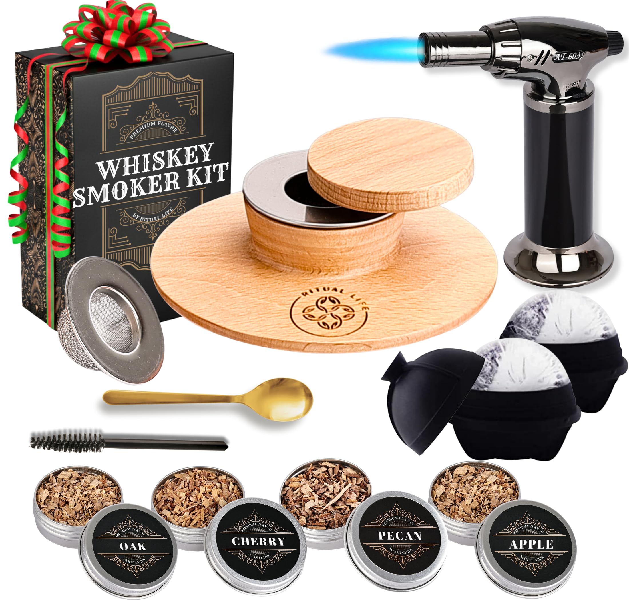 Cocktail Smoker Kit - Whiskey Bourbon Drink Smoker with Torch, Custom Top, 2 Ice Ball Makers, 4 Flavors Wood Chips - Smokers for Whiskey Drinks - Cocktail Drink Smoking Kit - Unique Gifts for Him