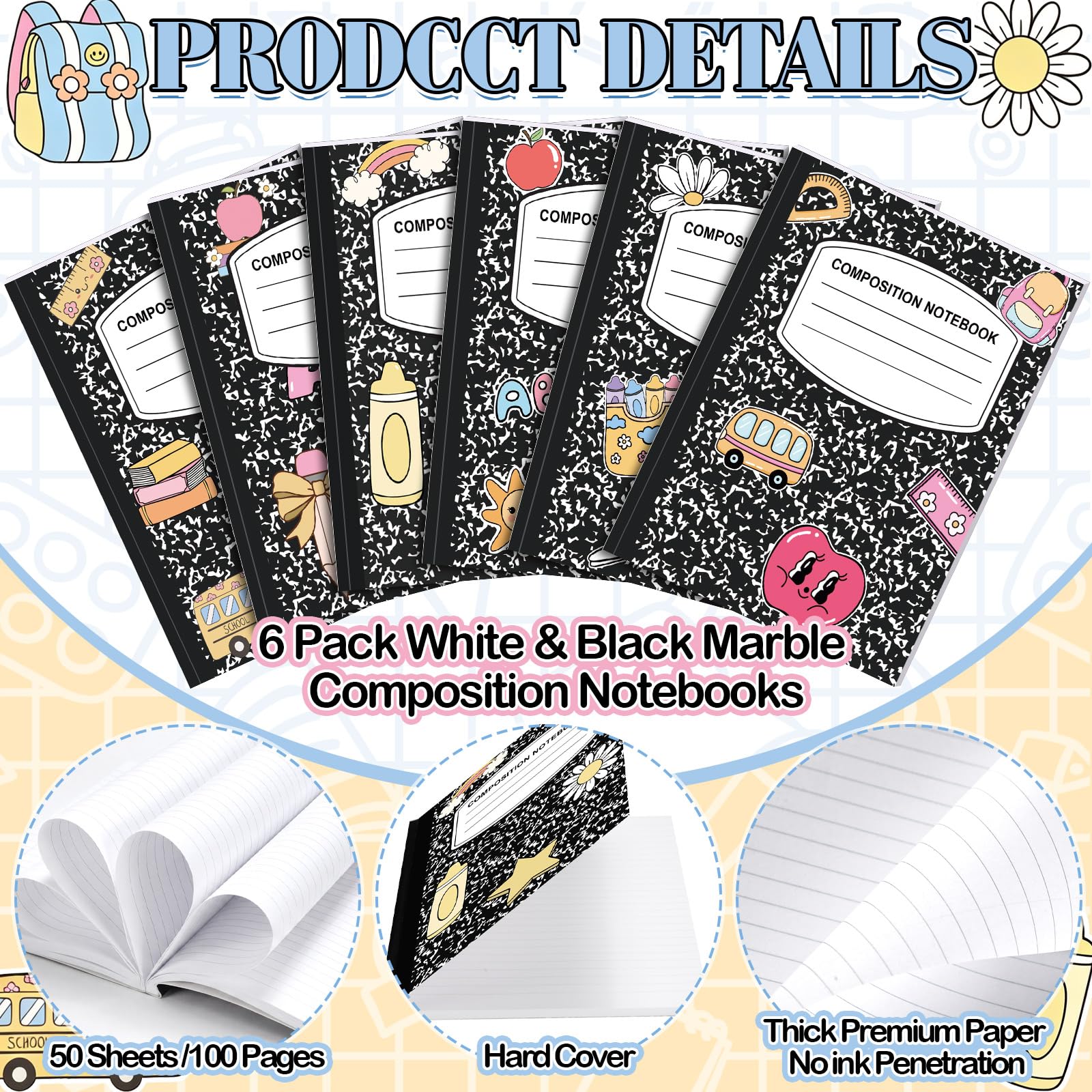 Eaasty Composition Notebook Wide Ruled Paper Assorted Marble Aesthetic Composition Notebook 100 Page 7.5" x 9.75" Journal Gift for Back to School First Day of School Students Teacher(6 Pcs,Classic)