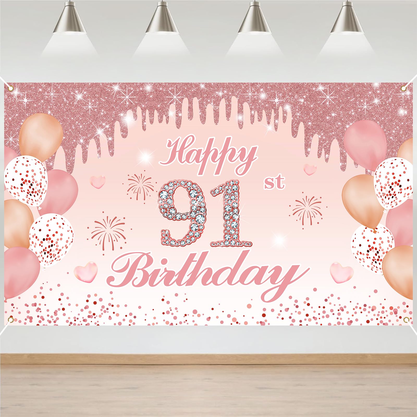91st Birthday Decorations Door Banner Pink Happy Birthday Banner for Party Backdrop for Women Home Outdoor Cover Party Decoration Supplies Poster — image 1