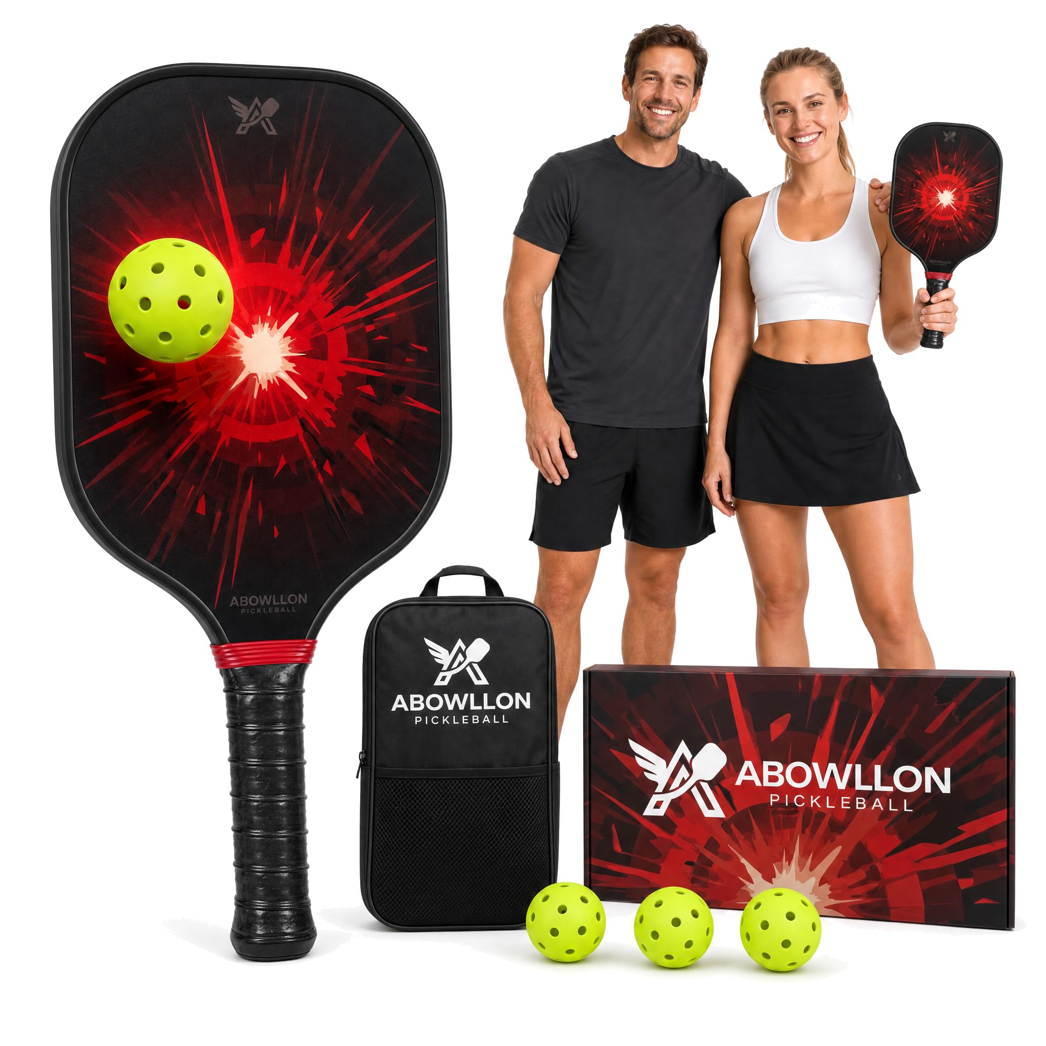 Blaze Pickleball Set - 2 raquettes de pickleball + 4 balles USAPA + sac - Pagaie en fibre de verre - Kit complet pour débutants et confirmés (rouge/noir)