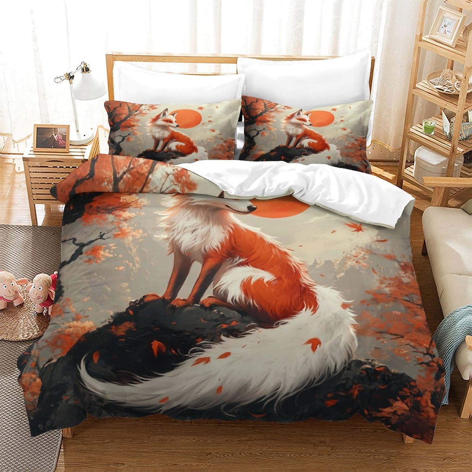 YYVKPMLXC Fox Duvet Cover Set,Autumn Red Maple Bedding Set 3D Soft Microfiber Quilt Cover 3pcs, Comforter Cover with Zipper Closure for Kids Teens Adults Bedding Double（200x200cm）