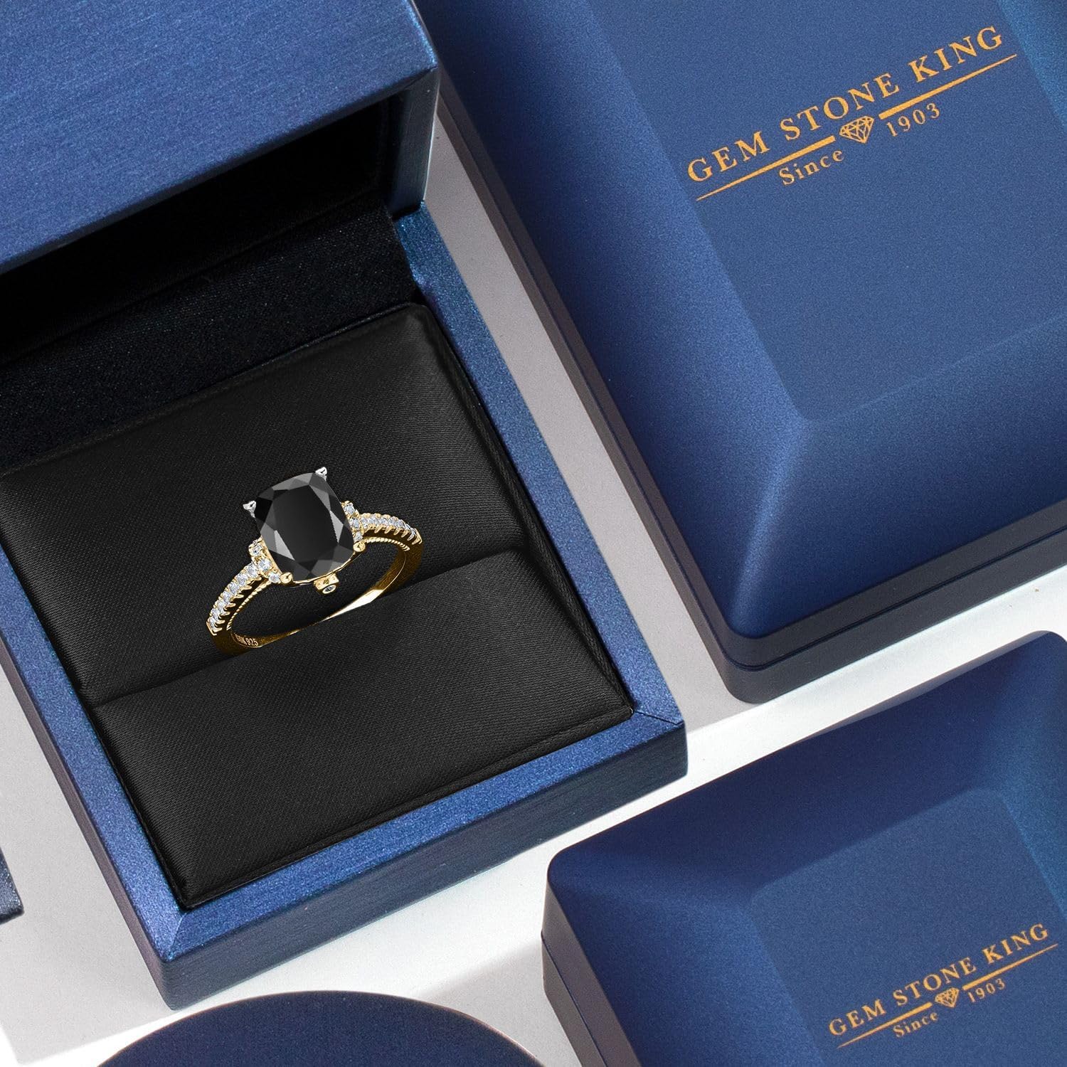 Gem Stone King 18K Yellow Gold Plated Silver Customized and Personalized 10X8MM Cushion Gemstone Birthstone and White Created Sapphire Engagement Ring For Women