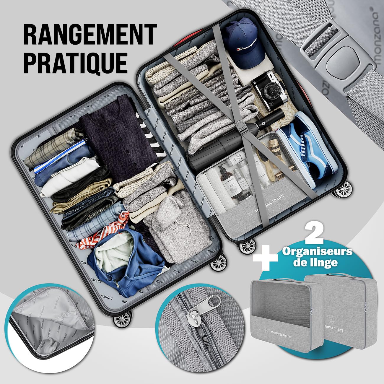 Monzana Set de Valises 4 Pièces avec Vanity-Case M/L/XL Rose Doré | Coque Dure, avec Pèse-Bagages et Cadenas inclus, Bagage de Voyage, Trolley à Roulettes, Poignée Télescopique