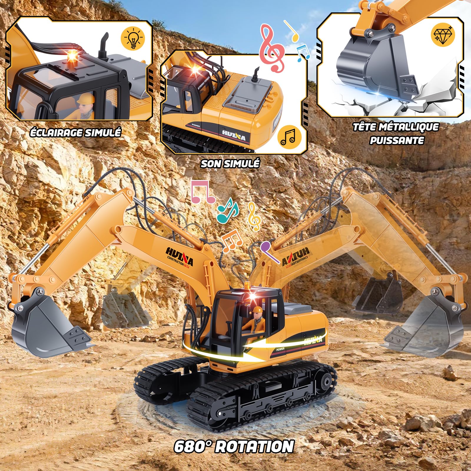 FORMIZON Godet Marteau Pince 3-en-1 Pelleteuse Télécommandée Enfant Jouet Garcon 8+ Ans, 1:14 Échelle 2.4G Hz Pelle Hydraulique Cadeau Noël Garcon 8-12 Ans Tractopelle Telecommandé