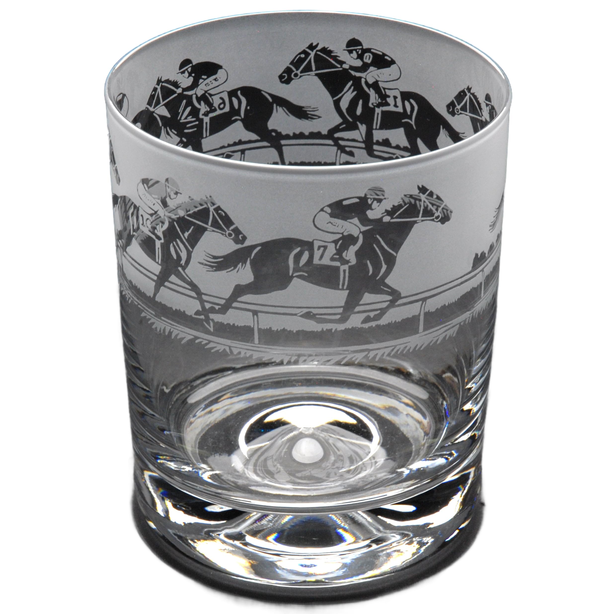 GLYPTIC Glass Art Horse Racing Hand Etched/Engraved Whiskey Tumbler Glass
