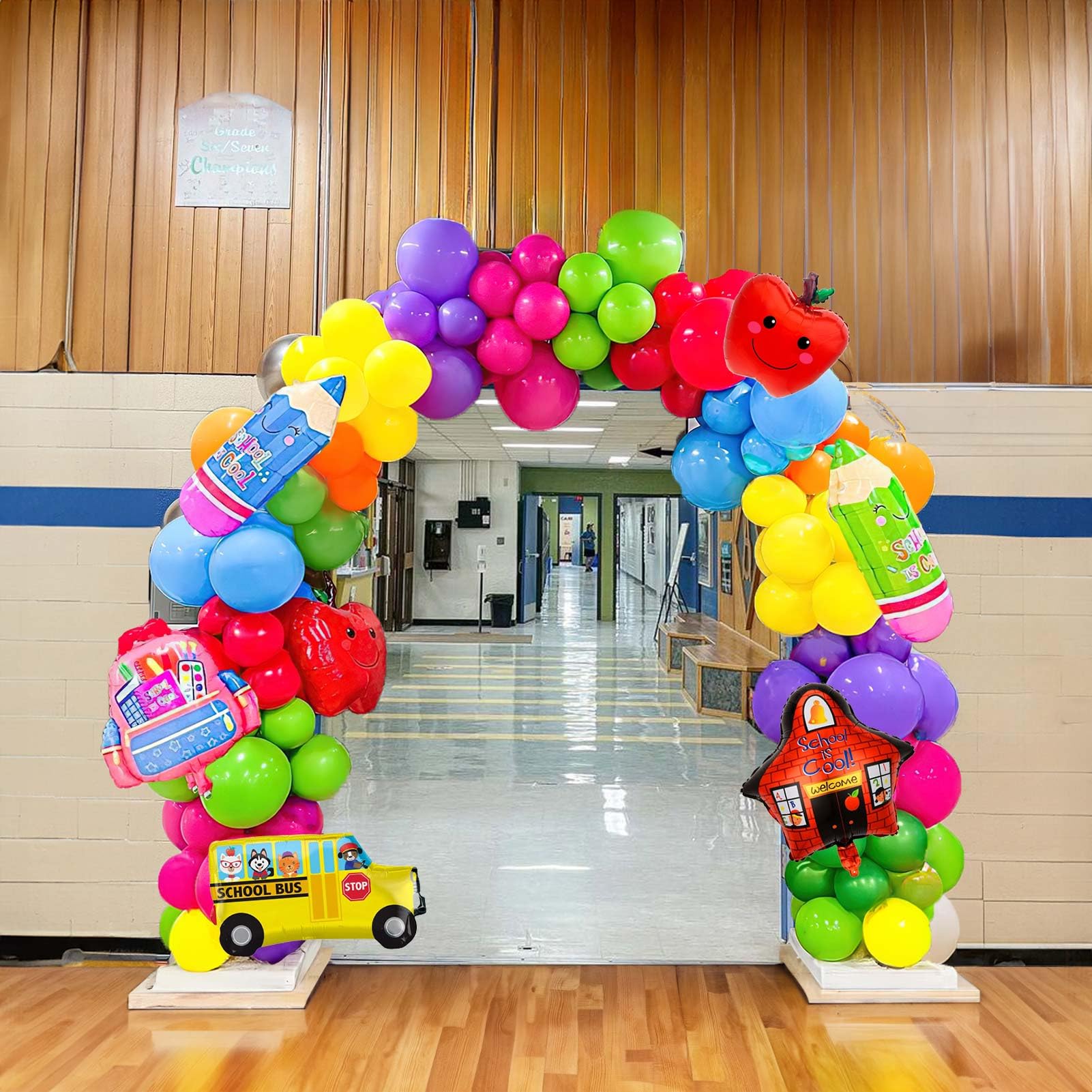 yeewakaback to school balloons hot pink and red yellow orange balloon garland arch kit 110+pcs with school bus classroom apple mylar balloon for back to school Birthday party decorations