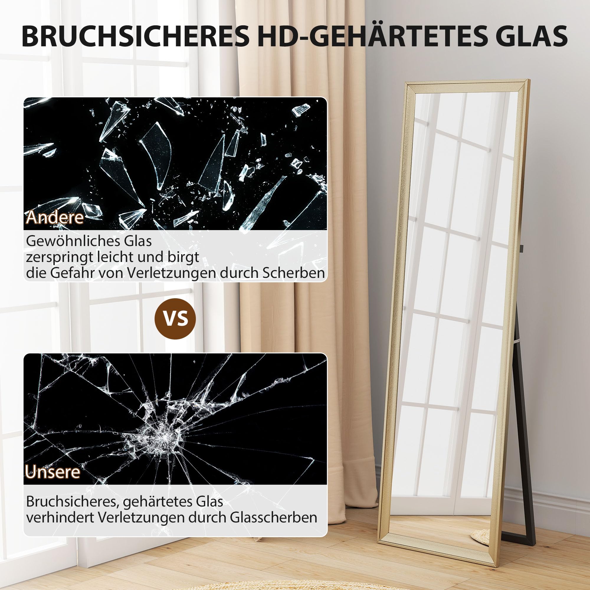 HOMCOM Ganzkörperspiegel 160 x 50 cm Rechteckig Standspiegel mit Metalloptik, Wandspiegel zum Anlehnen, Stehen, großer Spiegel für Flur, Wohnzimmer, Schlafzimmer, Gold