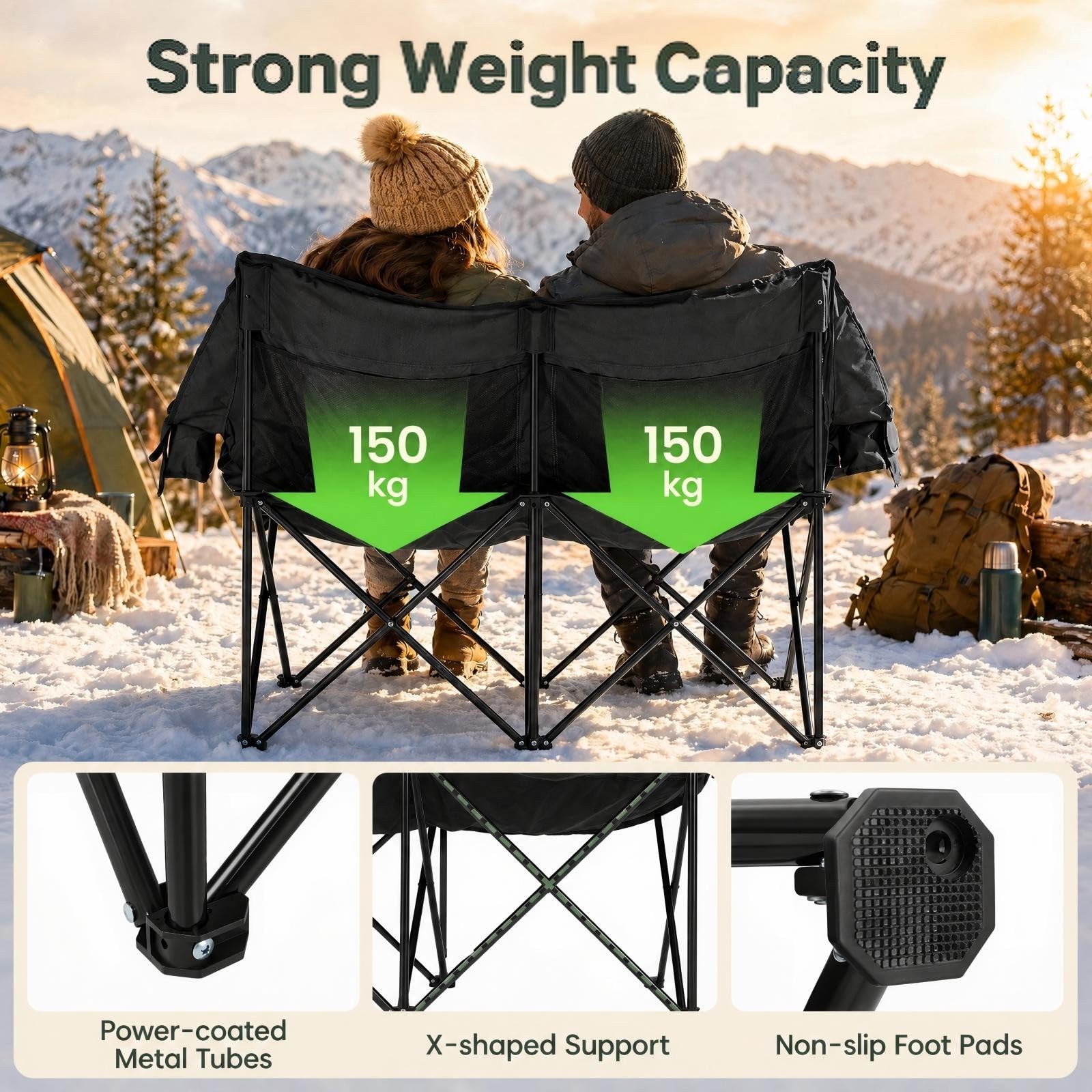 GOPLUS Silla de Camping para 2 Personas con Calefacción,Carga 300 kg | Sillón Plegable Acolchado con 3 Niveles de Calefacción, Portavasos, Bolsillos y Bolsa de Transporte para Campaña y Jardín