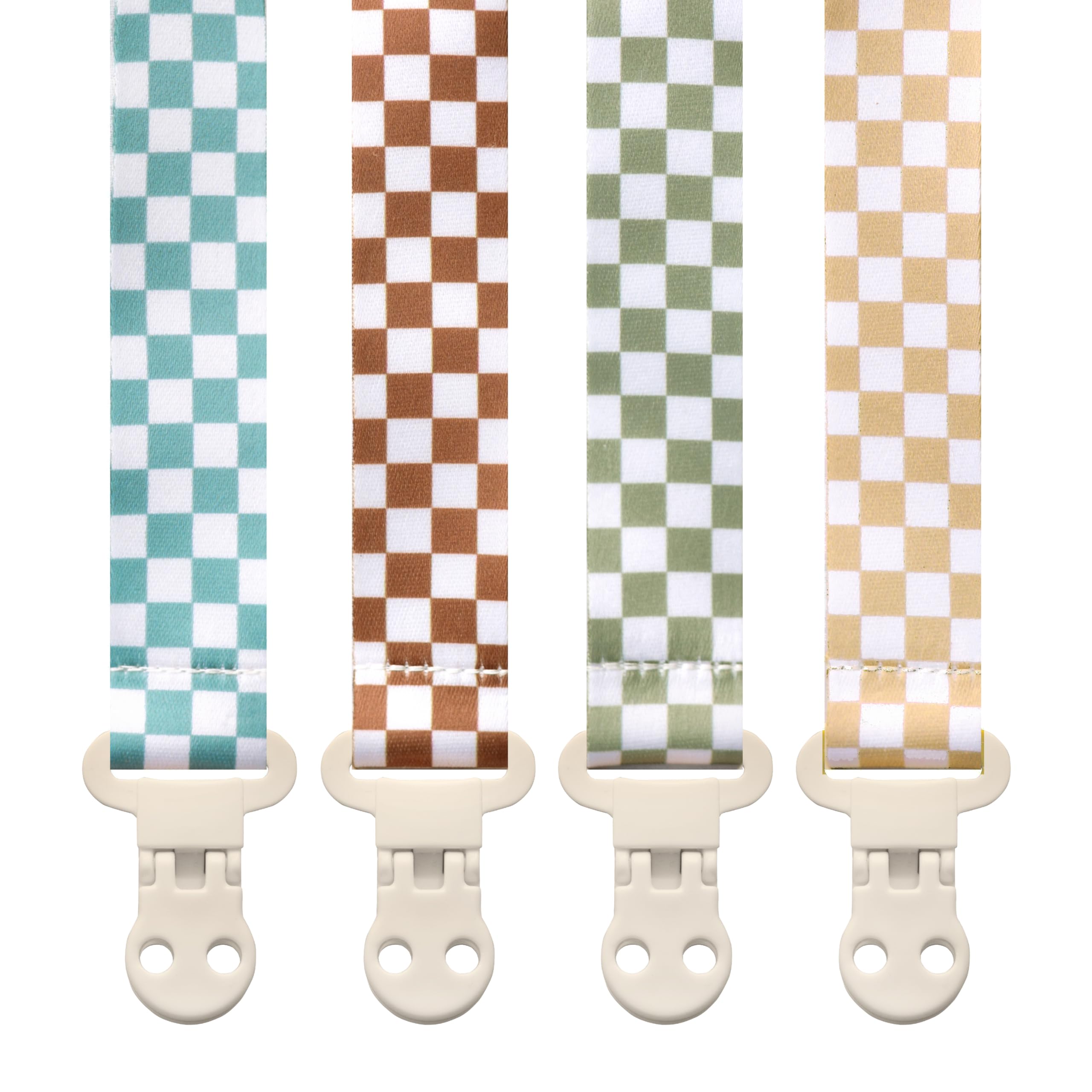 Stadela Baby Pacifier Clip Holder - Girl or Boy Unisex 4 Pack Gift Set – Neutral Modern Retro Checker Green Blue Brown Beige