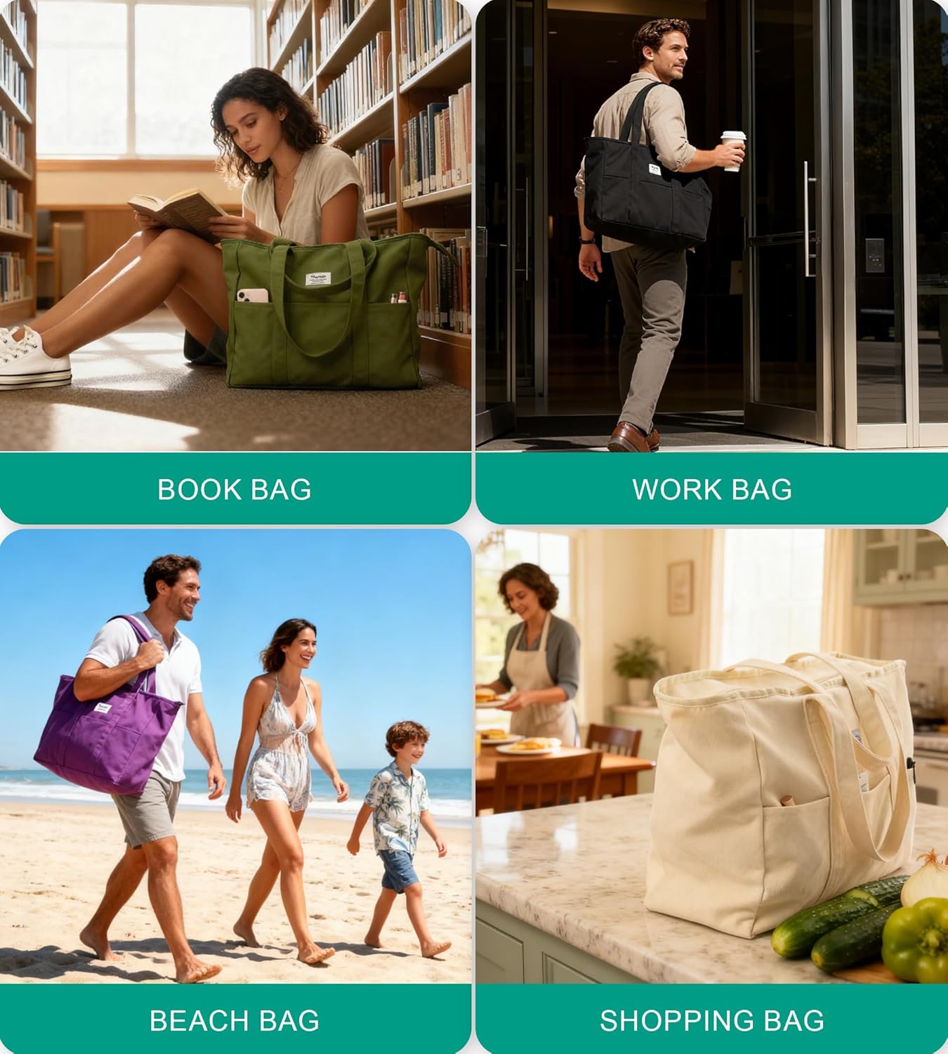 Extra Large Canvas Tote Bag for Women Men, Utility Work Bags with Zipper - Image 7