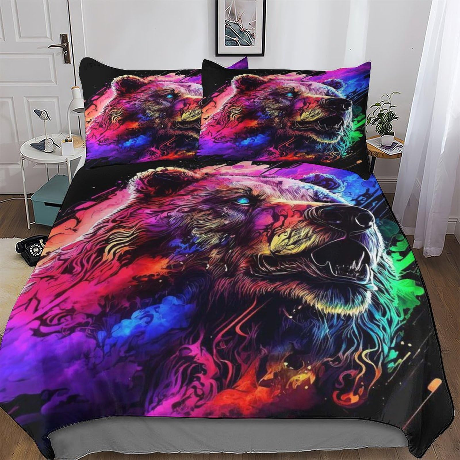 Housse de couette lit 2 personnes Violent Ours parure microfibre anti-plis facile à laver