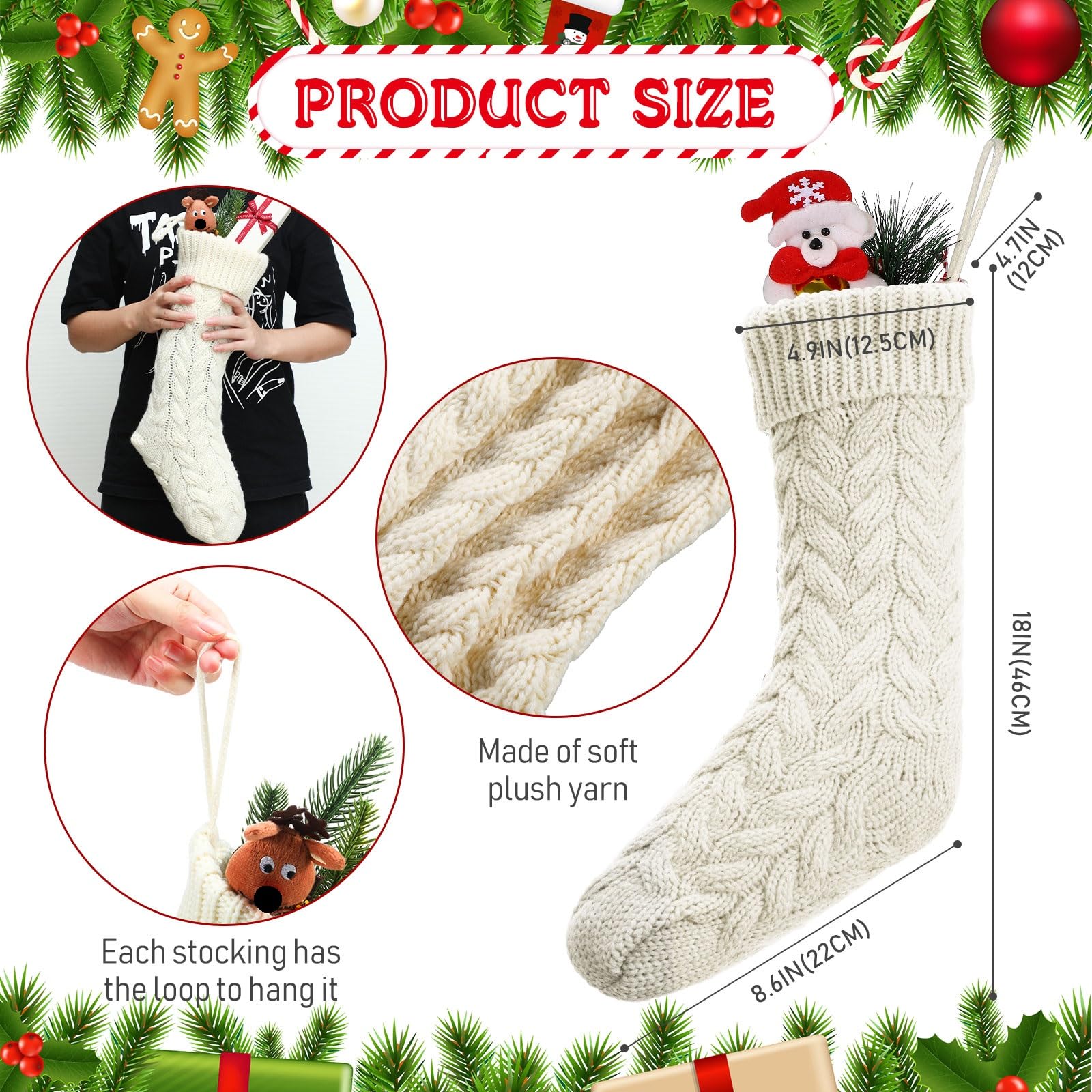 Lot de 2 chaussettes de Noël tricotées en tricot torsadé et étiquettes en bois - Petites pièces vierges avec corde pour décoration de vacances en famille (blanc)
