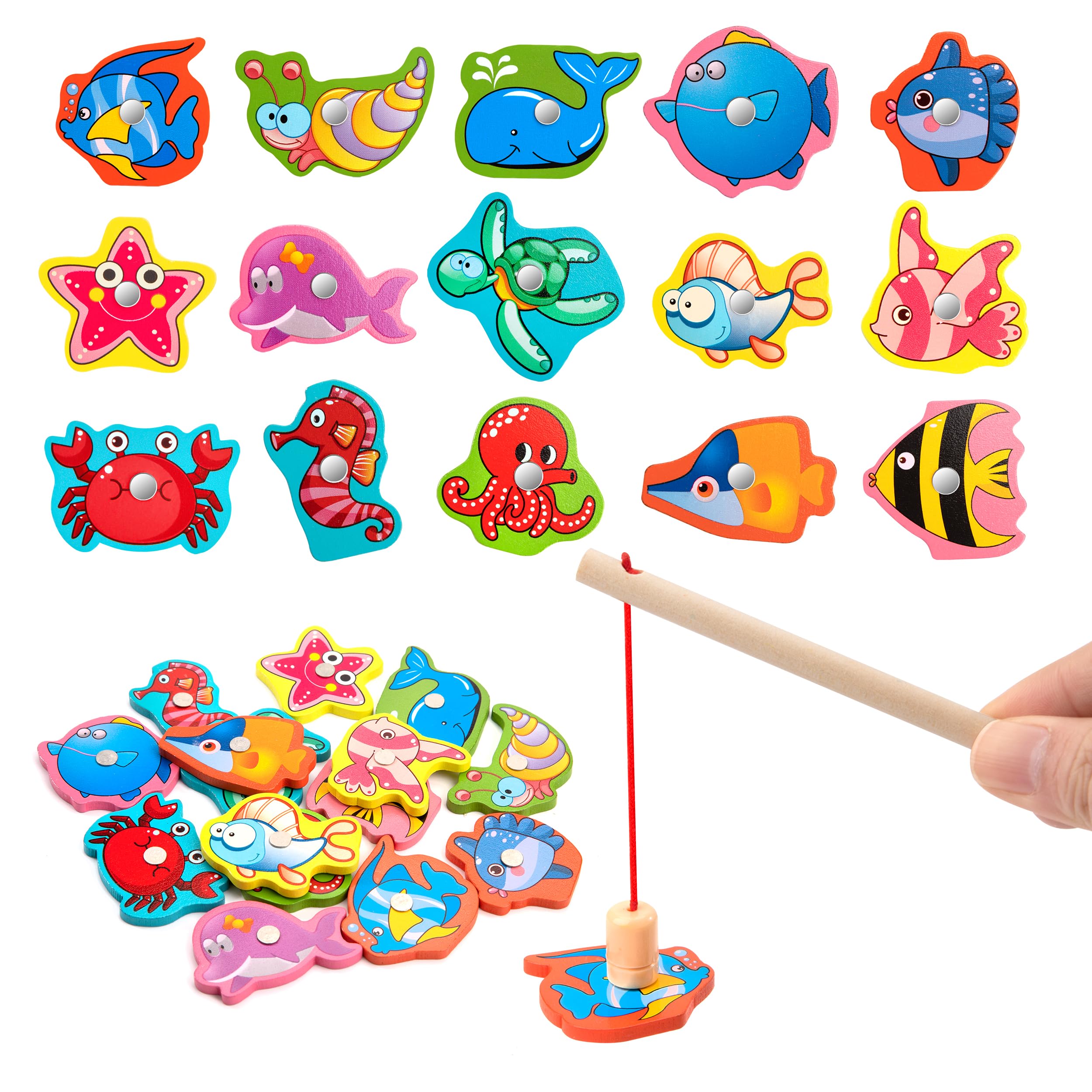 Wooden Fishing Game for Toddlers,15Pcs Magnetic Fish Ocean Animal Toy with Fish Rod Fine Motor Skill Montessori Educational Game Gift for Kids 3 4 5 Years Old