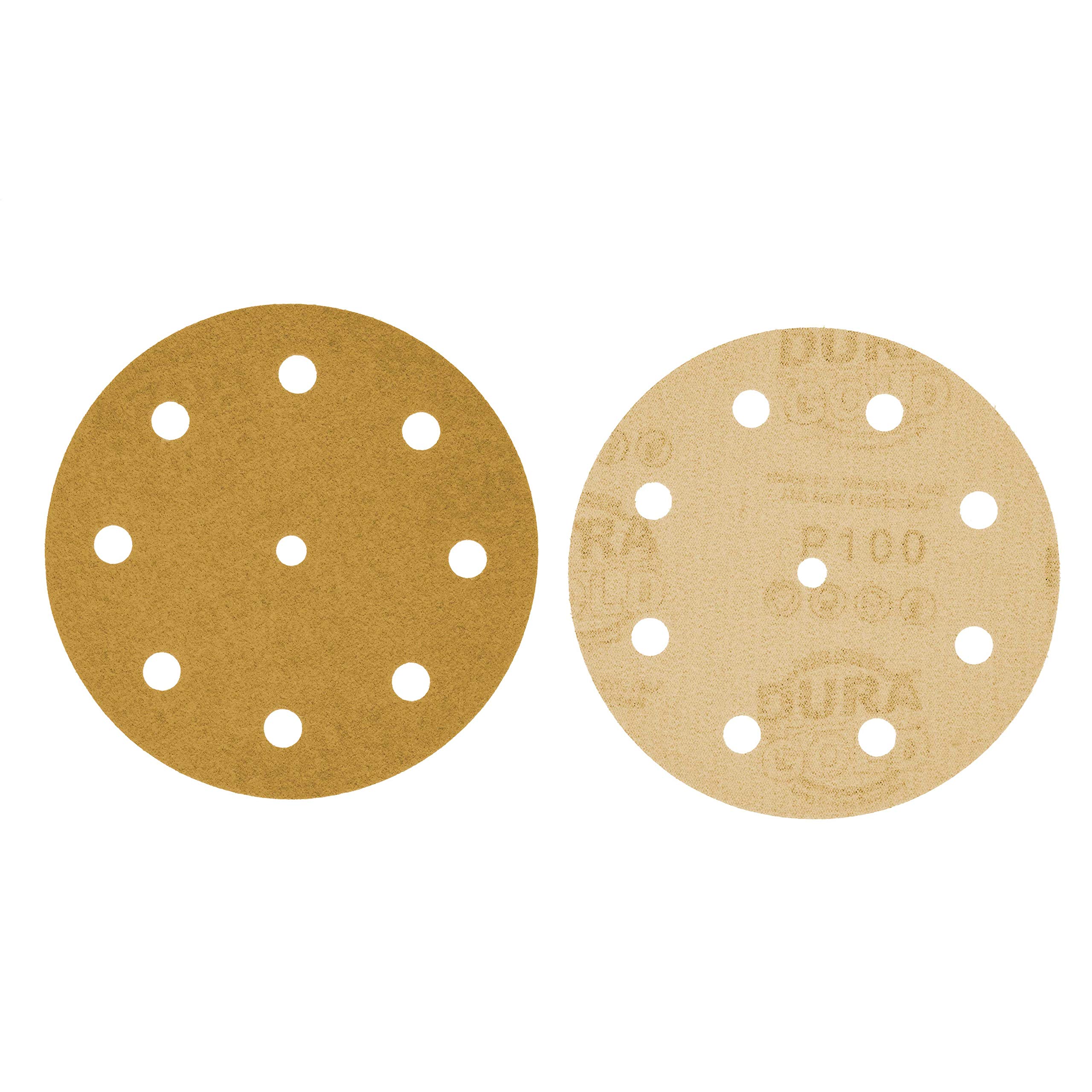 Dura-Gold – Premium – 100 Grit – 5 discos de lija dorados – 9 agujeros patrón sin polvo gancho y bucle para lijadora DA, caja de 50 discos de papel de lija de acabado para carpintería o automoción