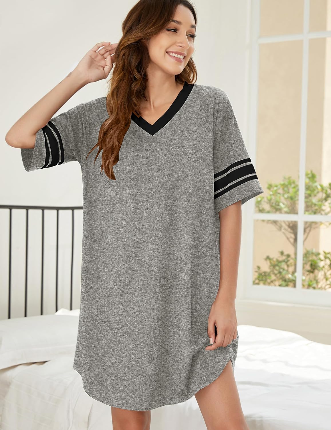 Ekouaer Nightgowns for Women Cotton Sleepwear Short Sleeve Sleepshirts Ladies Night Gown Casual Moo Moos Grey M - Image 2