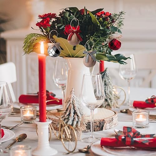 Miniatura 4 de Deloky 16 bolas de tela a cuadros de búfalo, bolas de arpillera envueltas en tela de Navidad de 2 pulgadas, adornos rústicos con lazo para