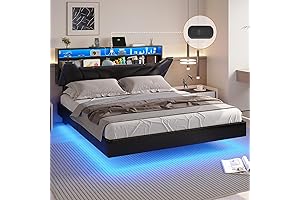 Dictac Queen Floating Bed Frame with Storage Headboard and LED Lights