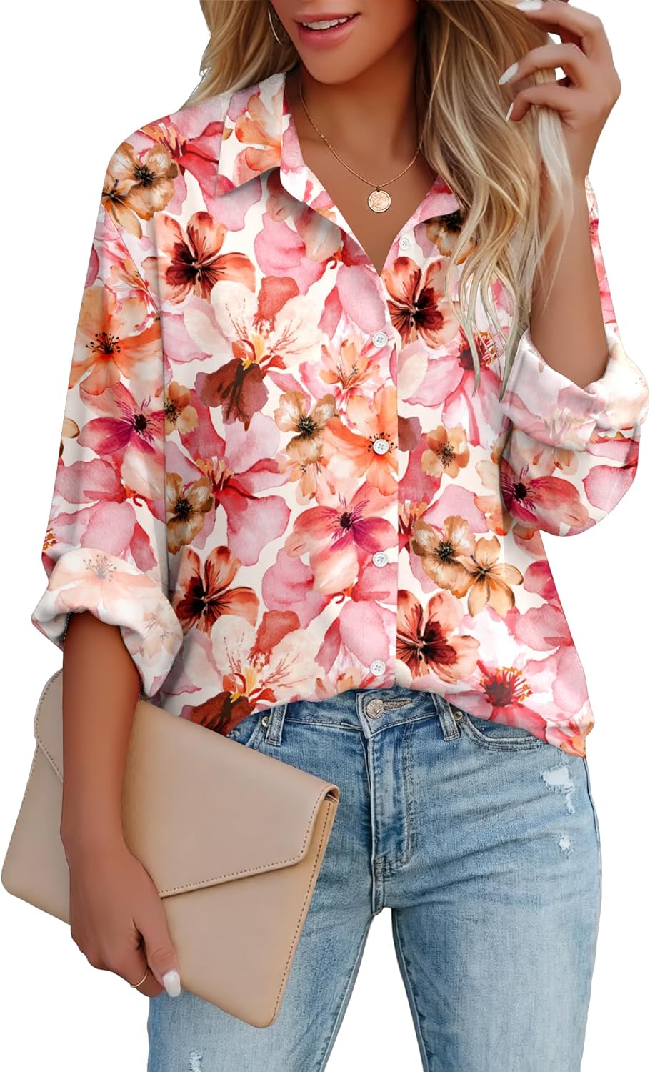 Zeagoo Button Down Shirts for Women Dressy Casual Floral Printed Collared Chiffon Blouse Long Sleeve Business Work Tops