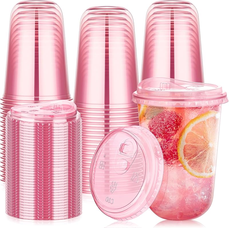 KesaPlan Paquete de 50 vasos de fiesta de plástico de fondo redondo rosa de 16 oz con tapas para sorber | Taza de café helada desechable Cute To Go, copas de vino sin tallo, tazas para San Valentín/Galentine/despedida de soltera/fiesta