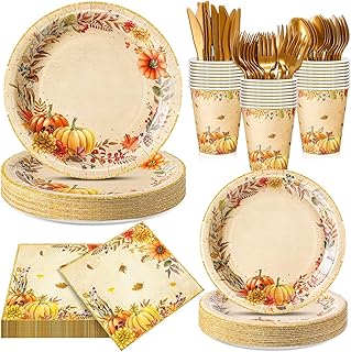 Honeydak 210 Pcs Fall Party Supplies for 30 Guests, Includes Plates, Cups, Napkins, Cutlery - Autumn Pumpkin Maple Tableware Decoration for Thanksgiving, Fall Harvest Party