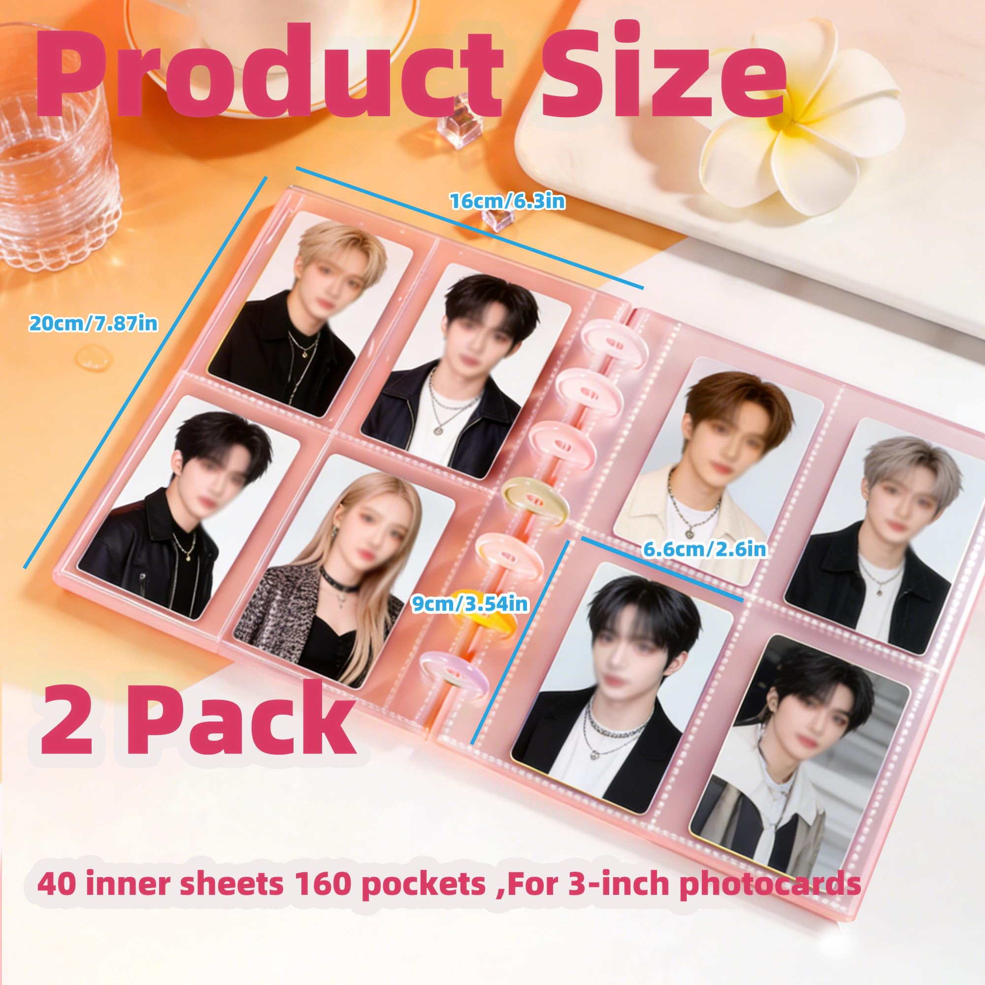 Kpop - Raccoglitore per fotografie, confezione da 2 con 40 pagine, 160 tasche, 7,6 cm, per Fujifilm Instax Mini, foto Polaroid, carte collezionabili standard e carte d'identità, rosa