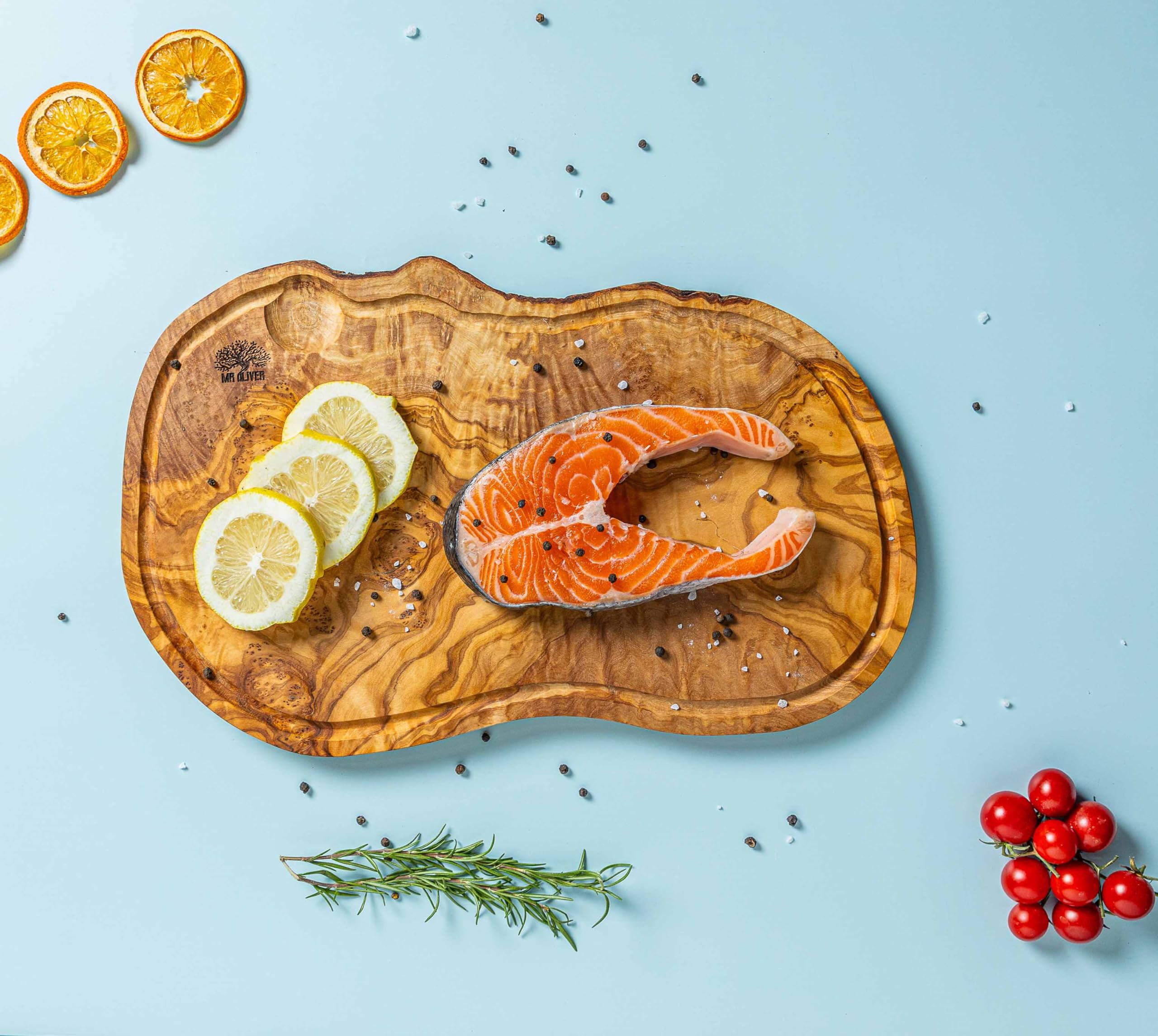 MrOliver® Neptune - Tagliere in Legno d'Ulivo Naturale - Tagliere da Cucina Professionale - Accessori Cucina di Design- Tagliere Legno Grande per Aperitivo, Carne, Salumi