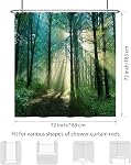 Rideau de douche Renaiss 72x72 po forêt verte, nature, lumière du soleil à travers les arbres, paysage de jungle naturel brumeux, rideau de douche en polyester imperméable avec crochets