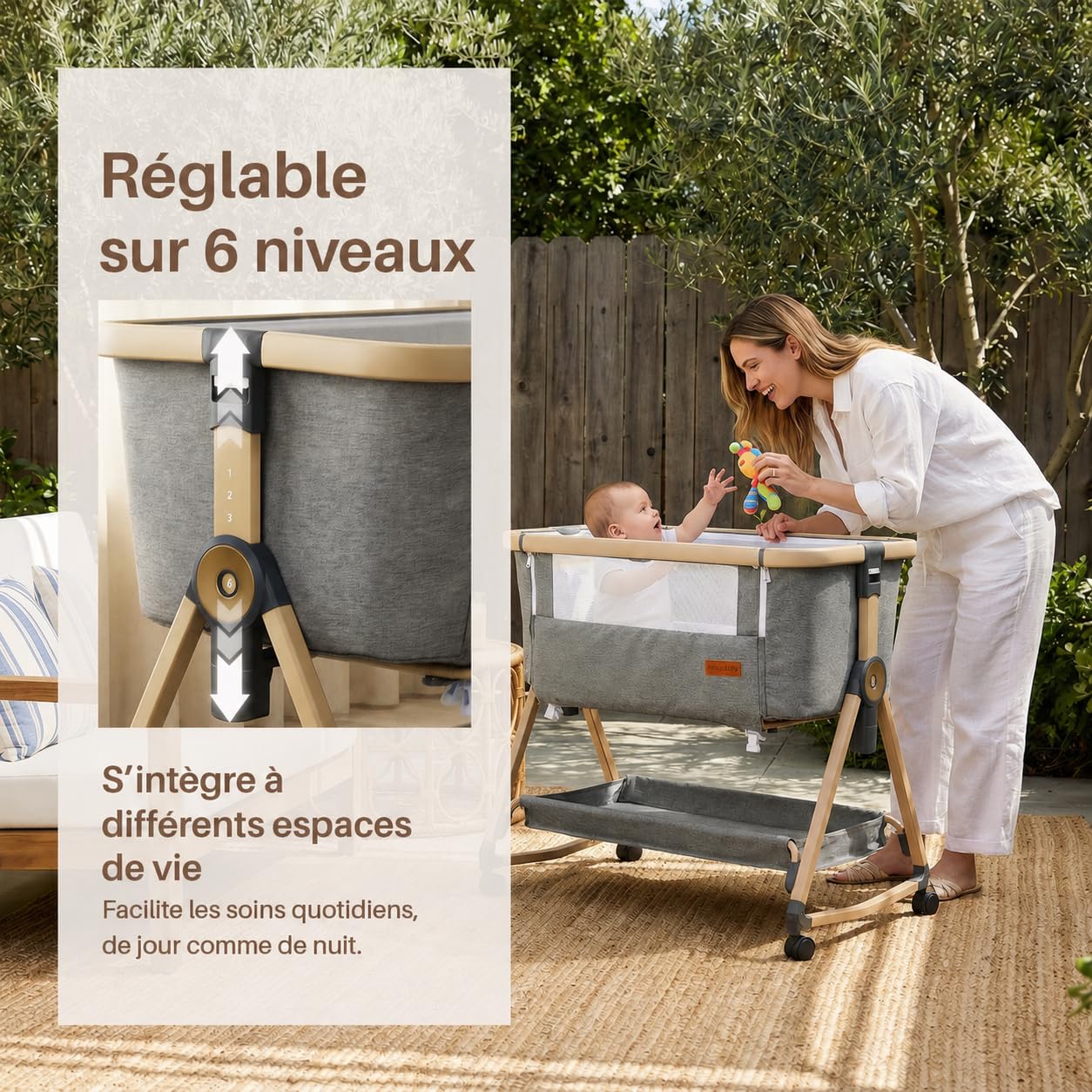 Maydolly Lit d'appoint 3 en1 Berceau avec Matelas Hauteur Réglable Inclinable Gris