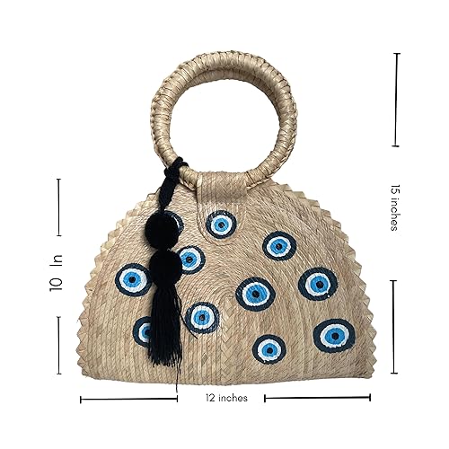 Miniatura 2 de Alya Mini Bag - Cartera de paja pequeña con diseño de ojo úrico pintados a mano con pompón