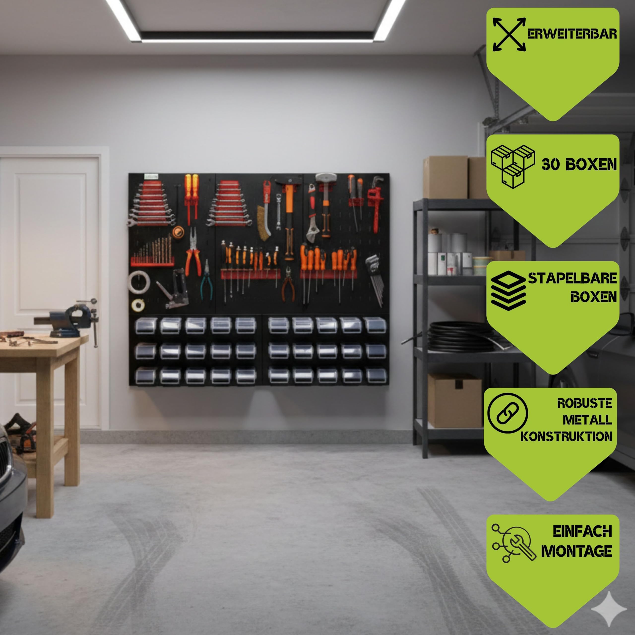 botle® Werkzeugwand Lochwand aus Metall, Stapelboxen + Wandregal + Werkzeughalter 47-TLG Set, Kleinteilelager, Wandwerkstatt mit 20 stapelbaren Behältern, Hängeregal Sortierregal
